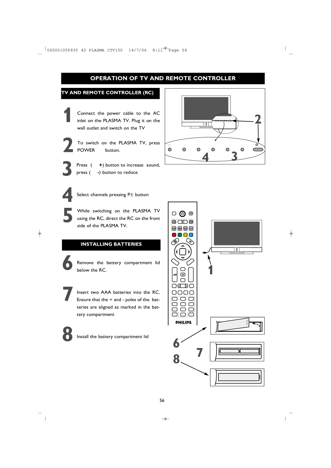 Philips 42PF1000/62 user manual Operation of TV and Remote Controller, TV and Remote Controller RC 