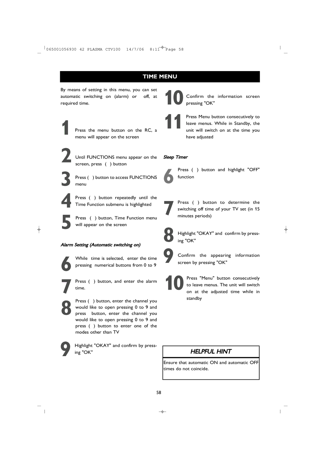 Philips 42PF1000/62 user manual Time Menu, Alarm Setting Automatic switching on 