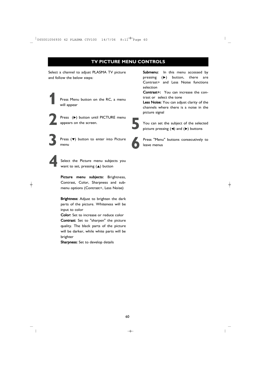 Philips 42PF1000/62 user manual TV Picture Menu Controls 