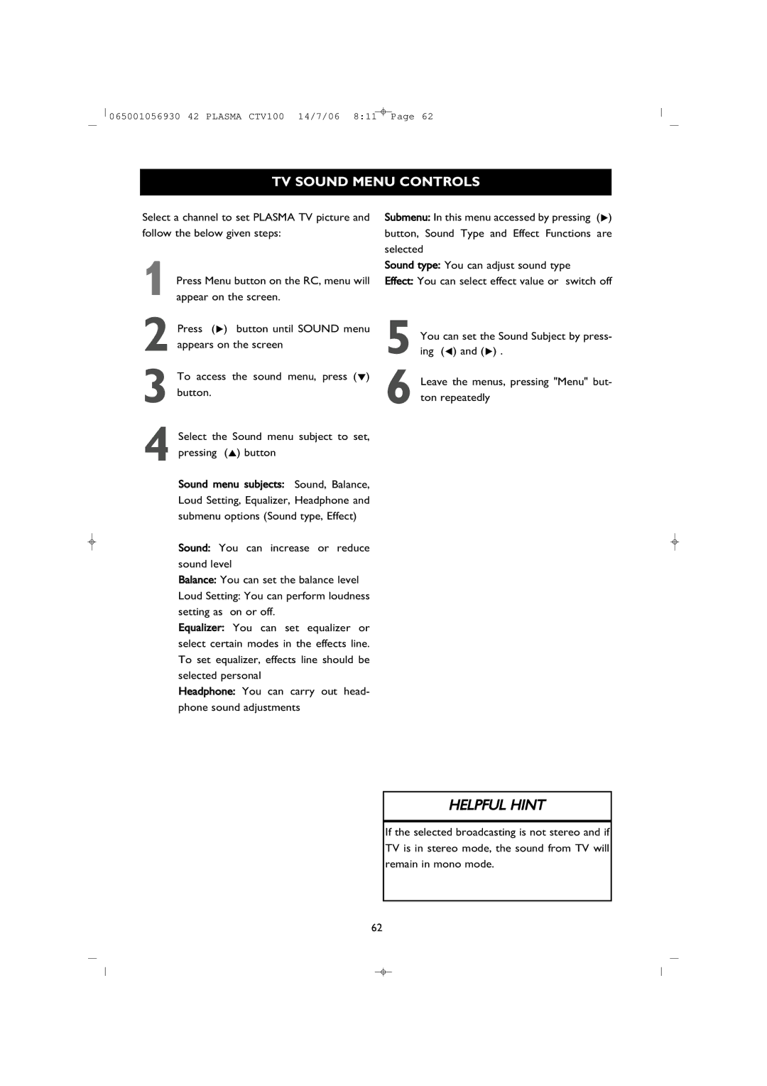 Philips 42PF1000/62 user manual TV Sound Menu Controls 