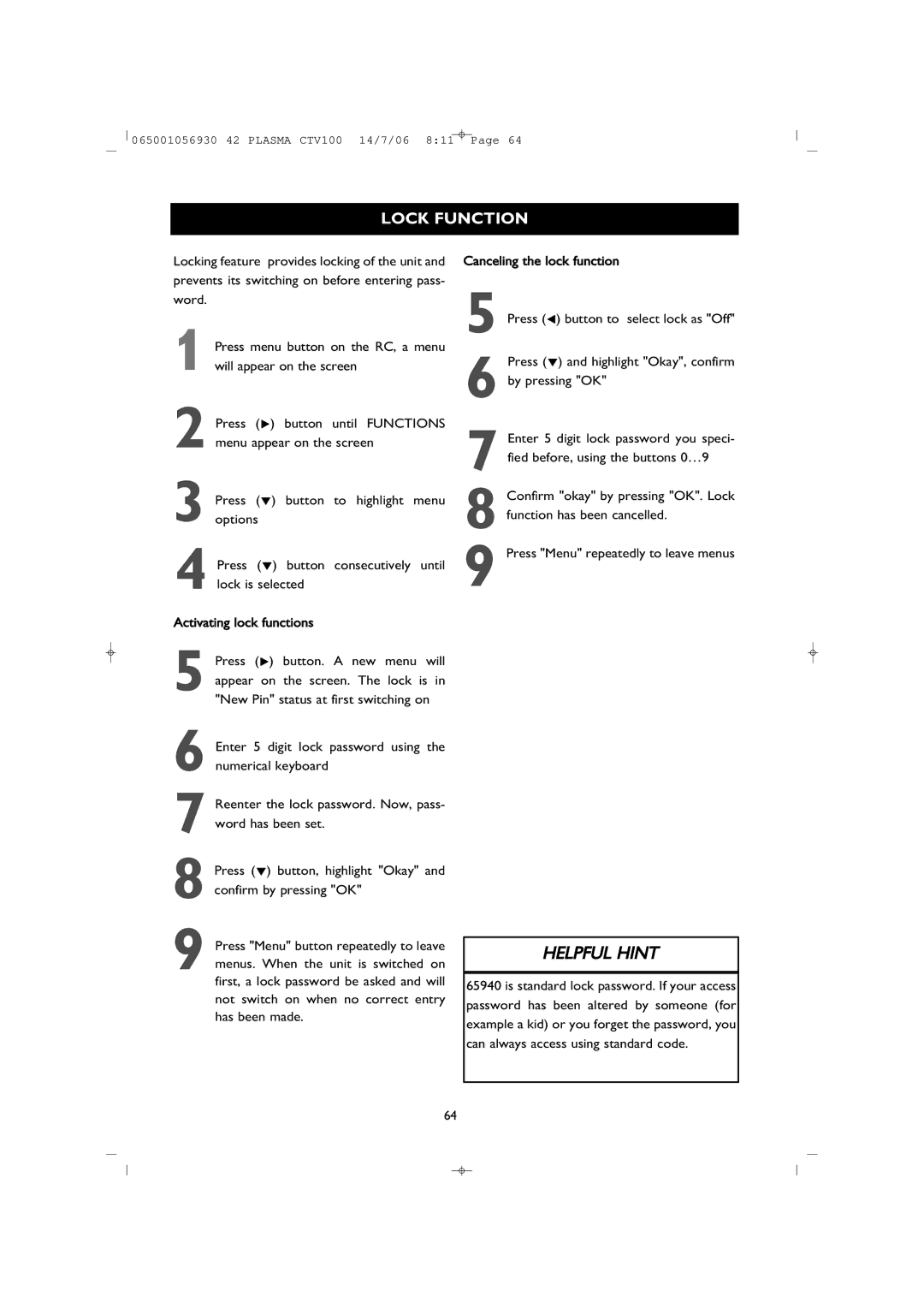 Philips 42PF1000/62 user manual Lock Function 