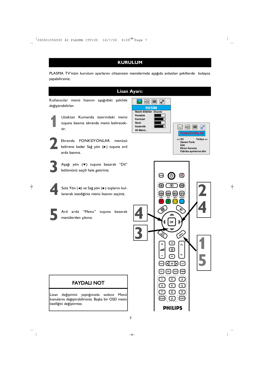 Philips 42PF1000/62 user manual Kurulum, Lisan Ayar› 