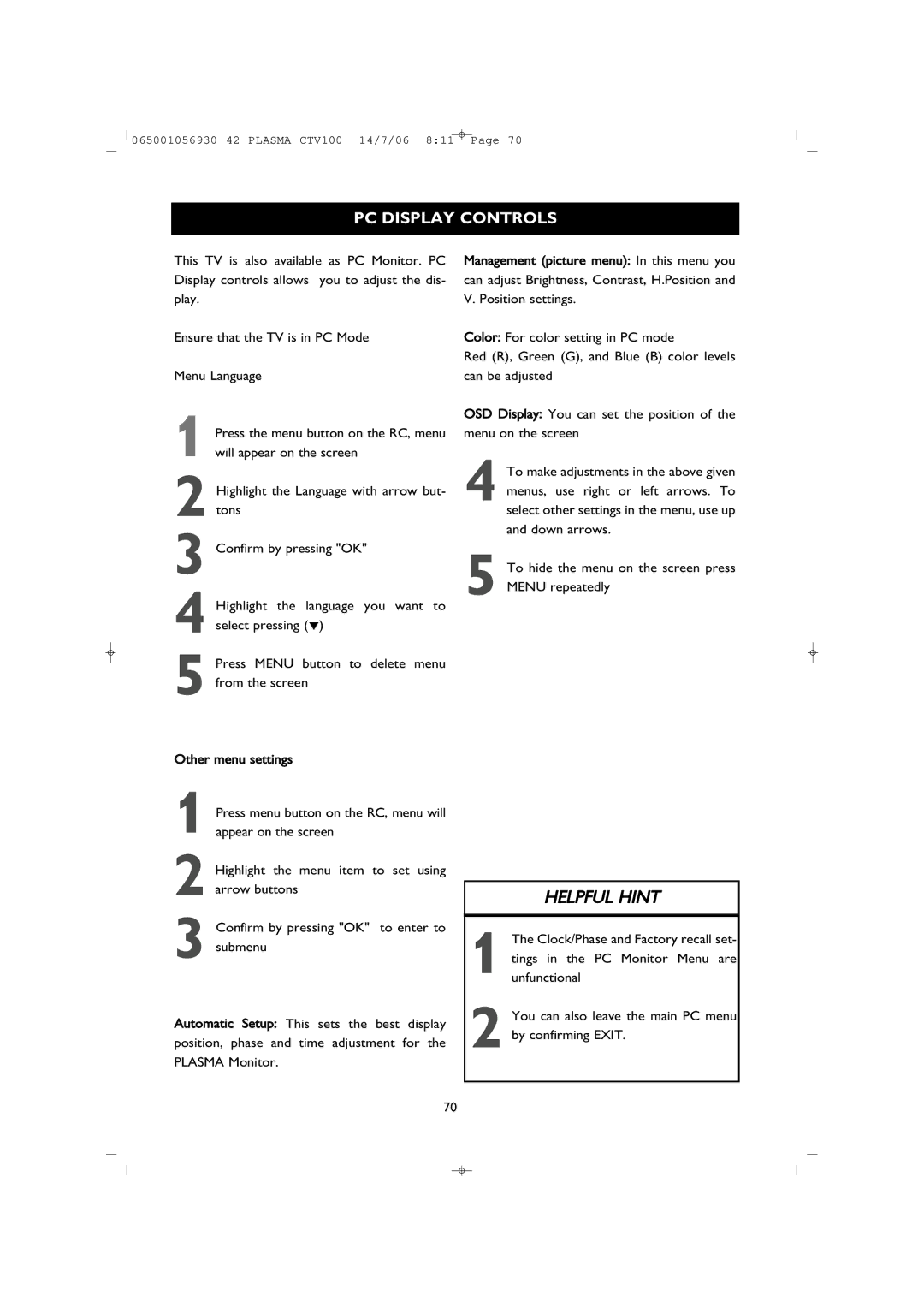 Philips 42PF1000/62 user manual PC Display Controls 