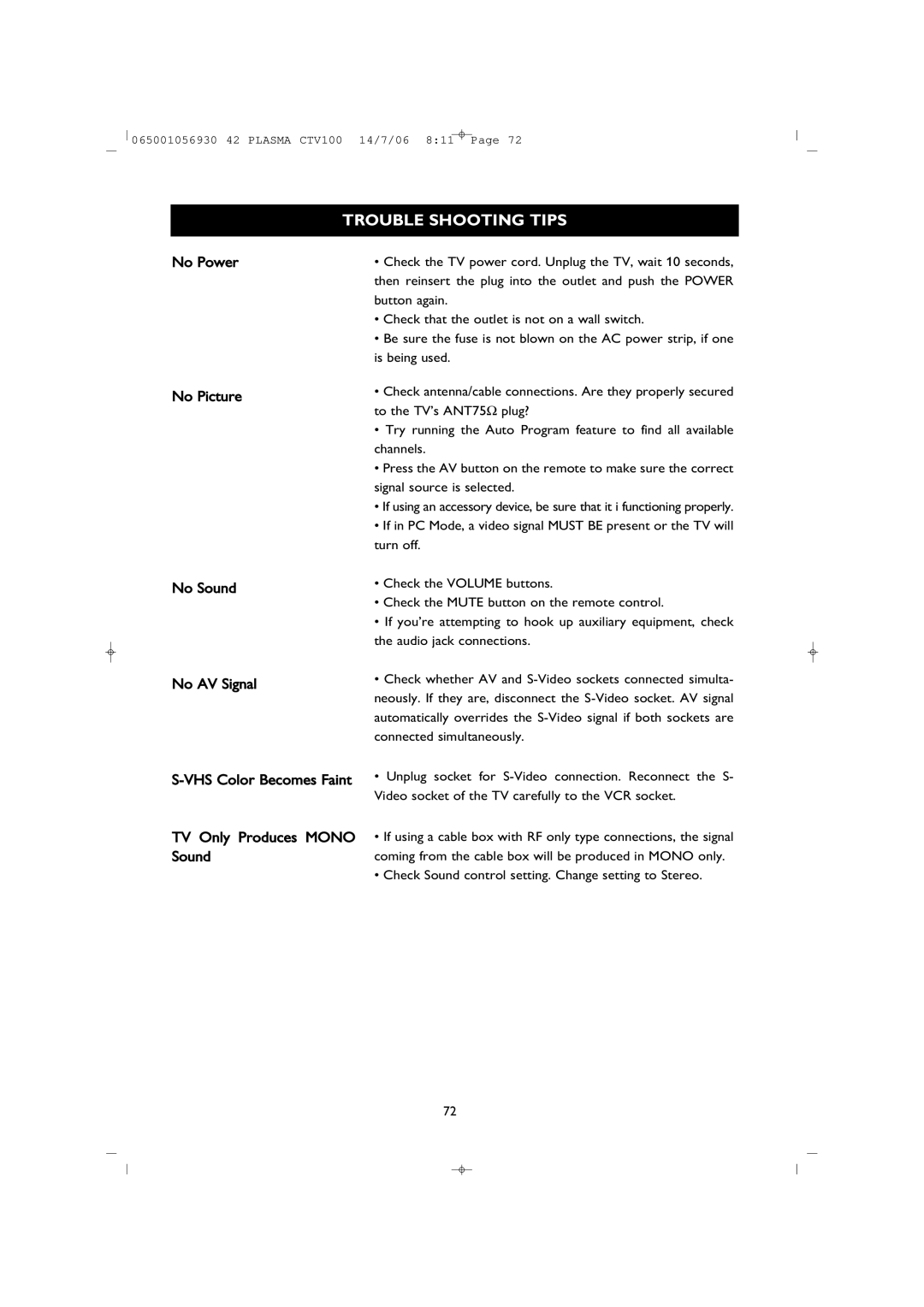 Philips 42PF1000/62 user manual Trouble Shooting Tips, VHS Color Becomes Faint TV Only Produces Mono Sound 