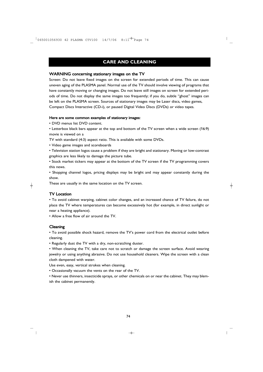 Philips 42PF1000/62 user manual Care and Cleaning, TV Location 