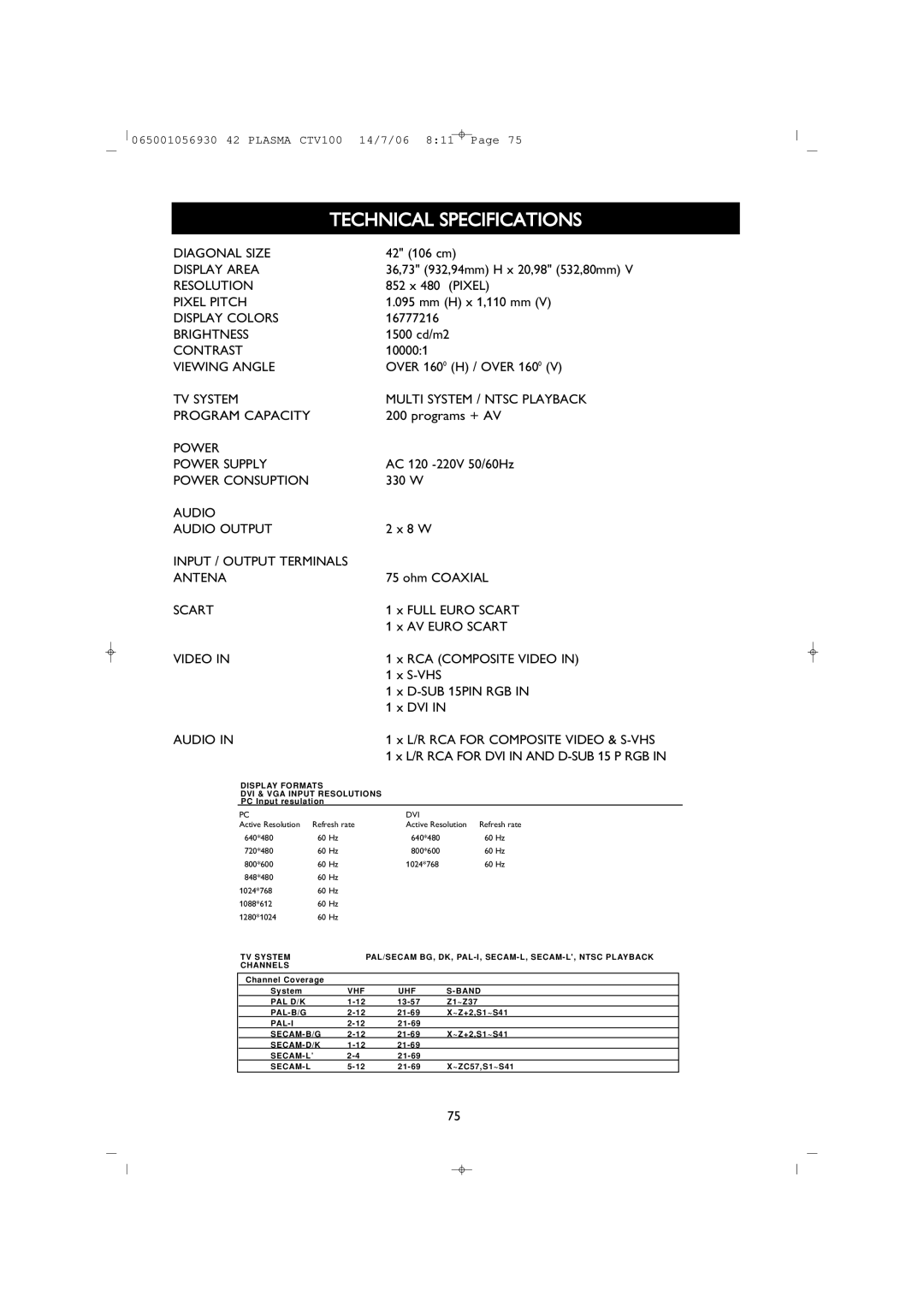 Philips 42PF1000/62 user manual Technical Specifications 