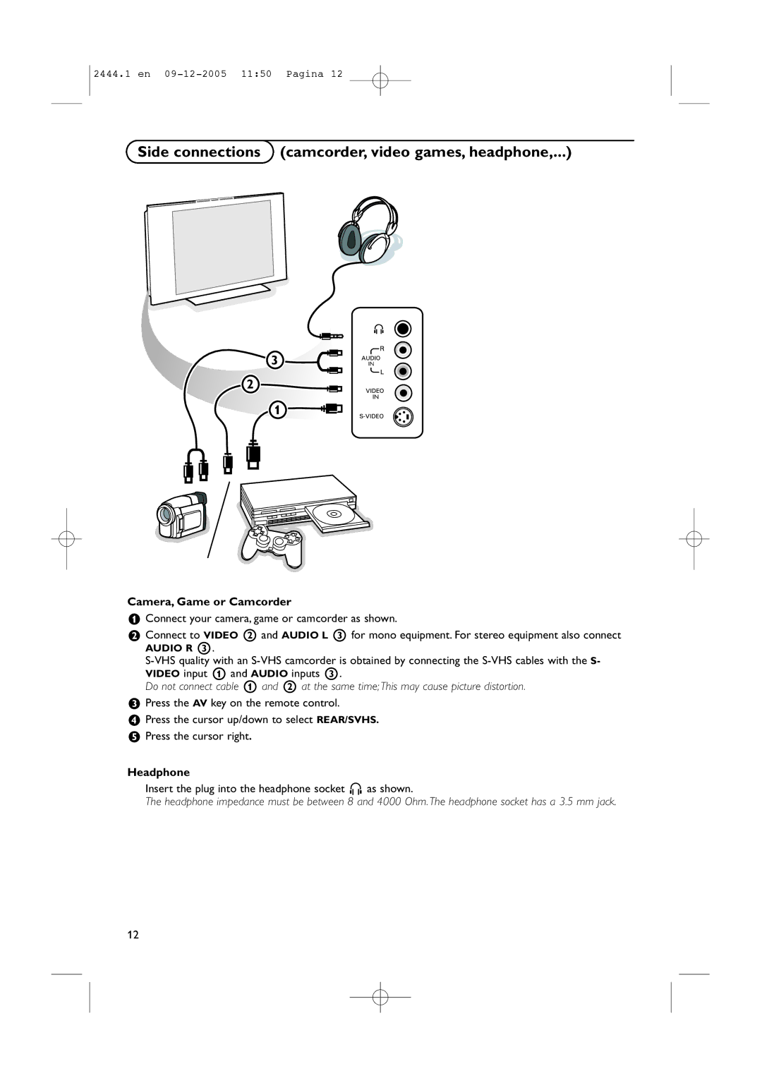 Philips 42PF5320/79 manual Side connections camcorder, video games, headphone, Camera, Game or Camcorder, Headphone 