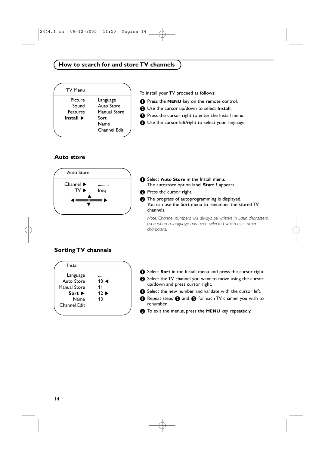 Philips 42PF5320/79 manual How to search for and store TV channels, Auto store, Sorting TV channels, Install π, Sort π 