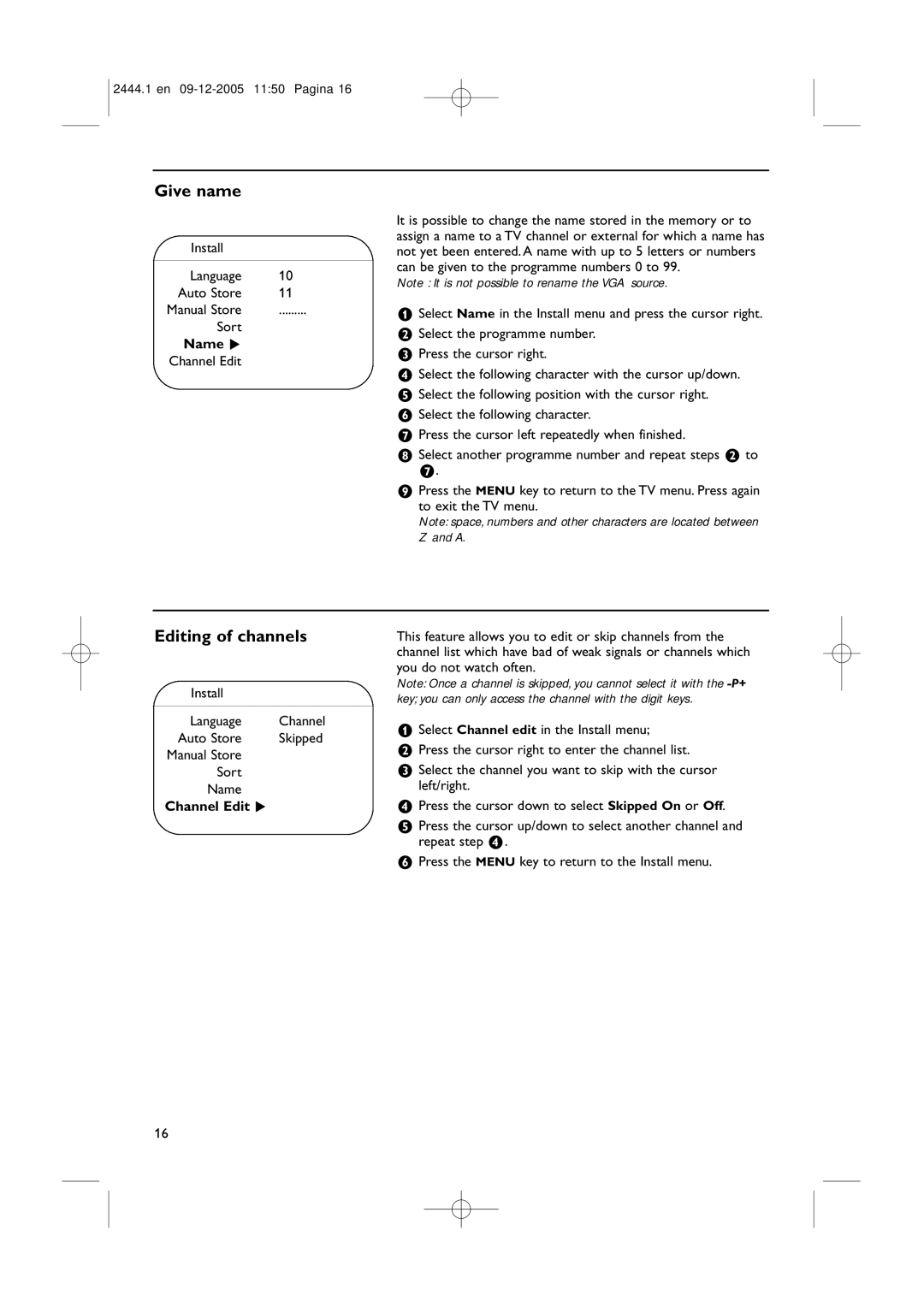 Philips 42PF5320/79 manual Give name, Editing of channels, Name π, Channel Edit π 