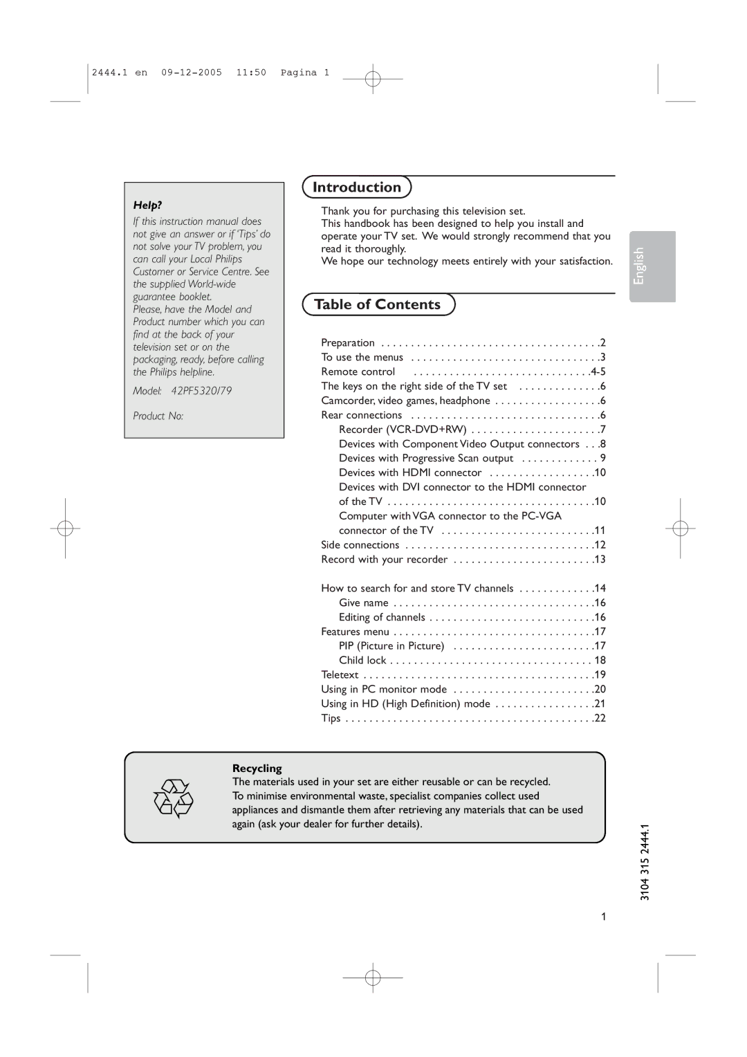 Philips 42PF5320/79 manual Introduction, Table of Contents 