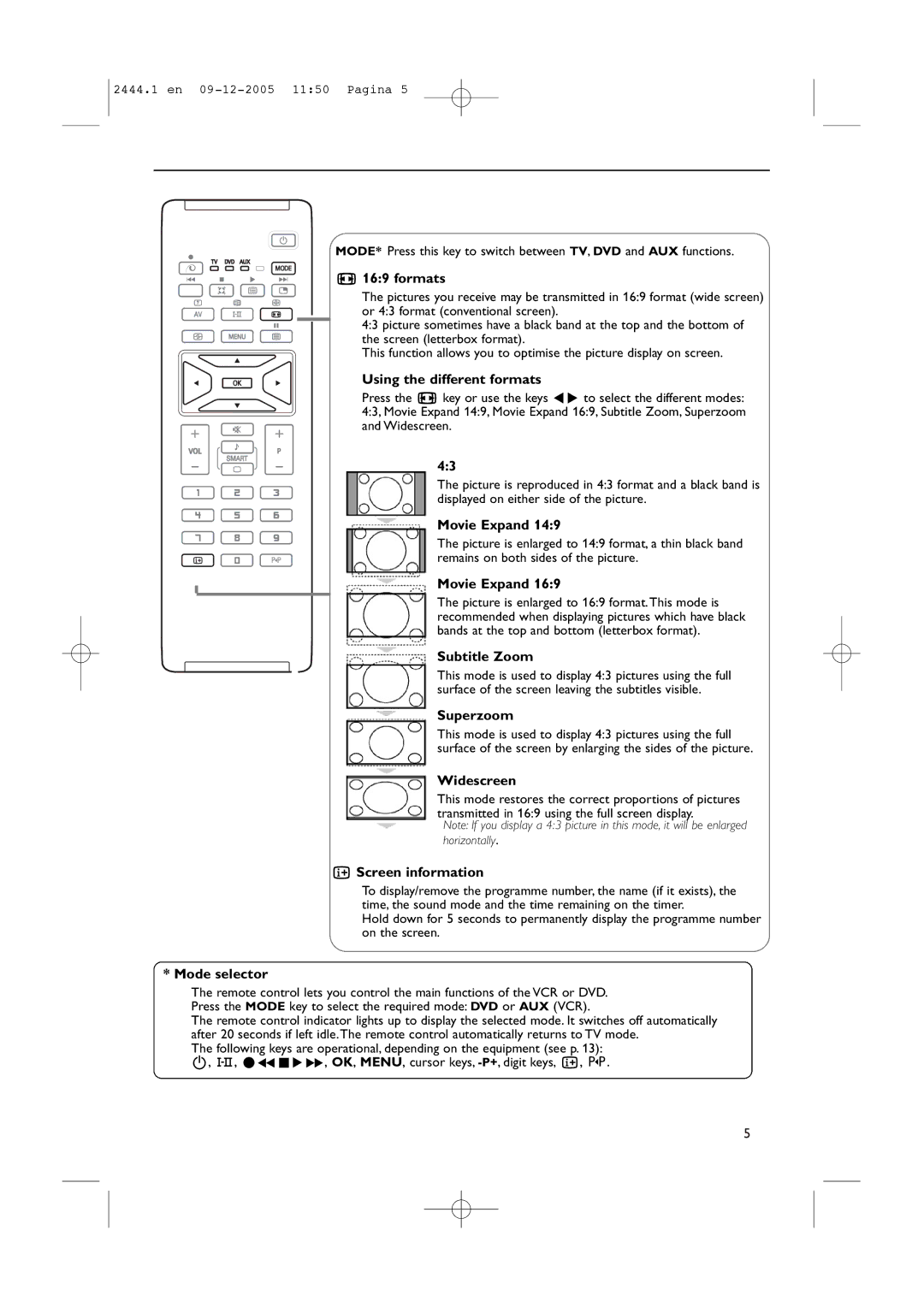 Philips 42PF5320/79 manual Formats, Using the different formats, Movie Expand, Subtitle Zoom, Superzoom, Widescreen 