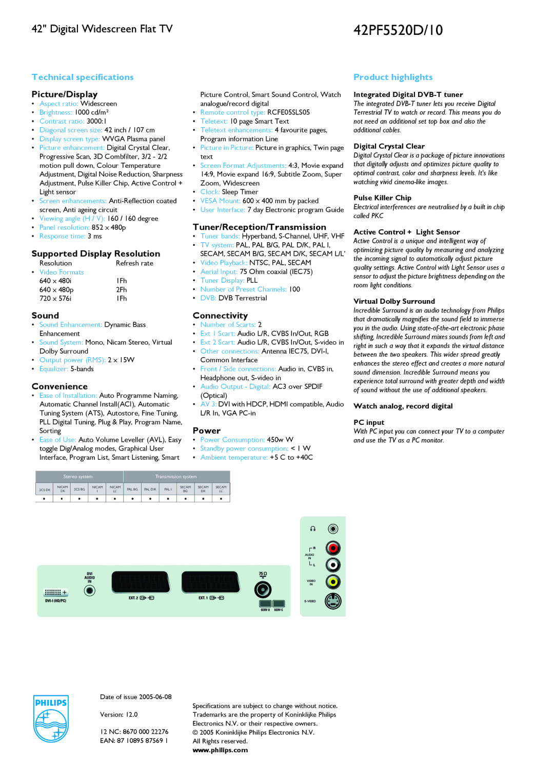 Philips 42PF5520D Picture/Display, Supported Display Resolution, Sound, Convenience, Tuner/Reception/Transmission, Power 