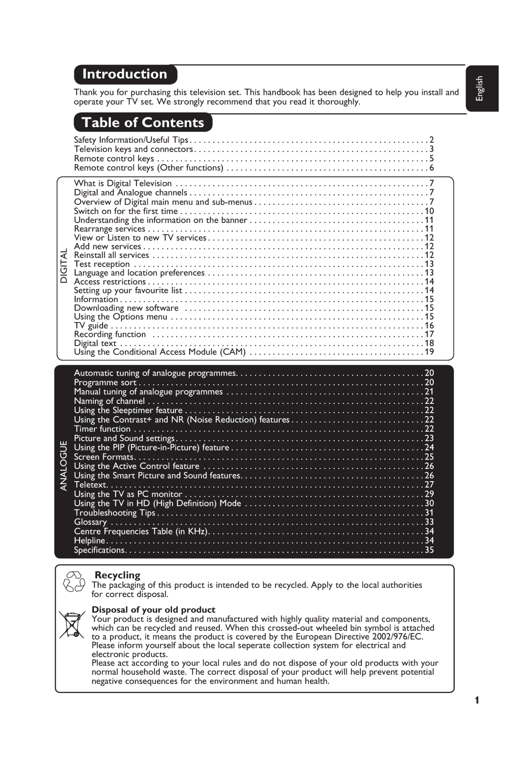 Philips 32PF5521D, 42PF5521D, 37PF5521D, 26PF5521D manual Introduction, Table of Contents 