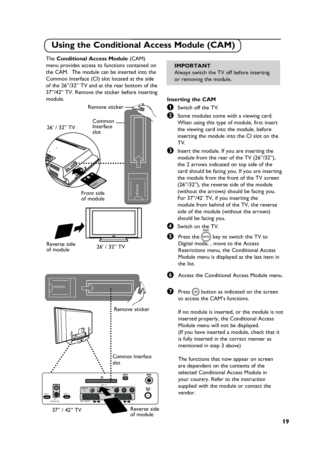 Philips 42PF5521D, 37PF5521D, 32PF5521D, 26PF5521D manual Using the Conditional Access Module CAM, Inserting the CAM 