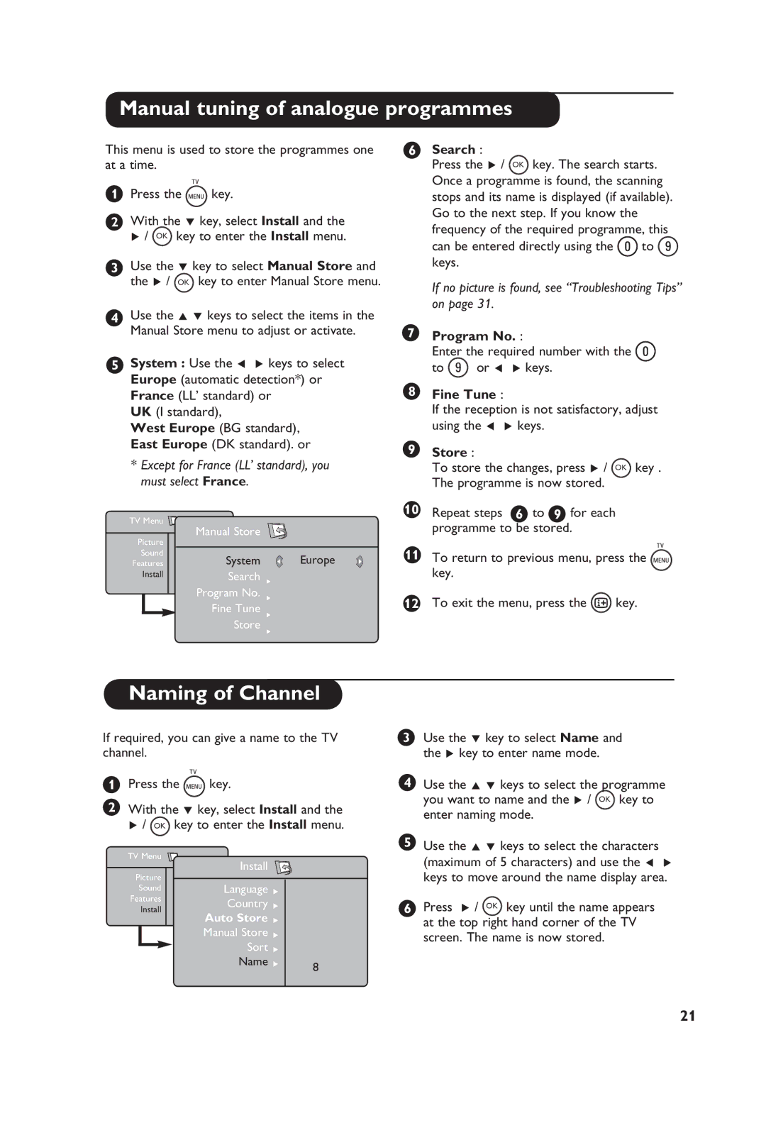 Philips 32PF5521D, 42PF5521D, 37PF5521D, 26PF5521D manual Manual tuning of analogue programmes, Naming of Channel 