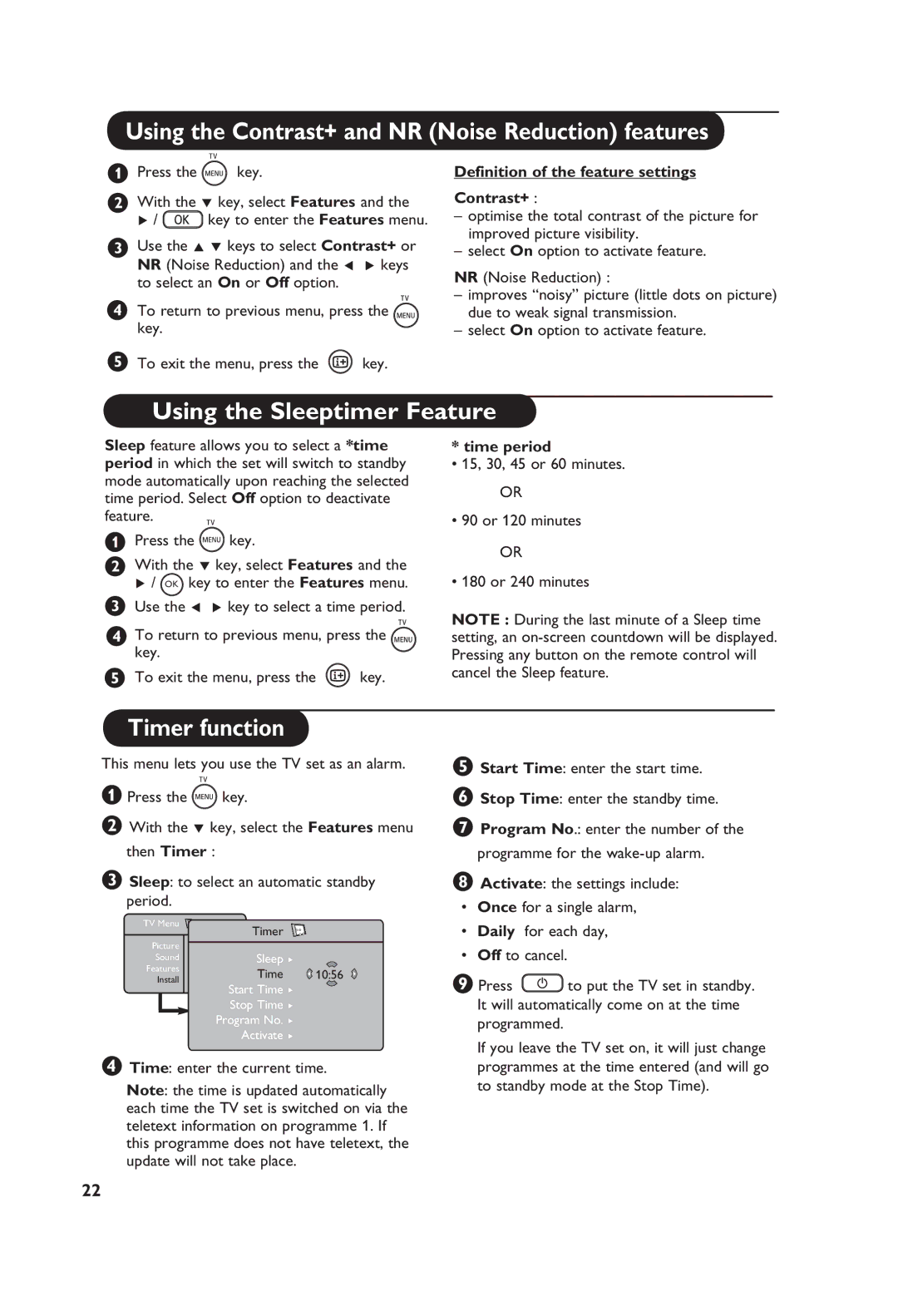 Philips 26PF5521D manual Using the Contrast+ and NR Noise Reduction features, Using the Sleeptimer Feature, Timer function 