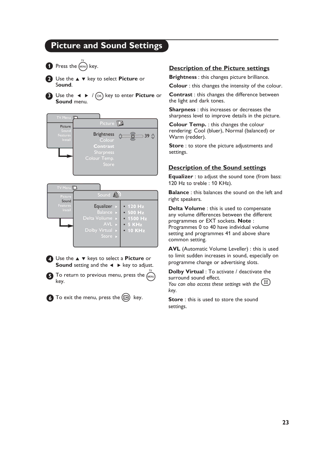 Philips 42PF5521D manual Picture and Sound Settings, Description of the Picture settings, Description of the Sound settings 