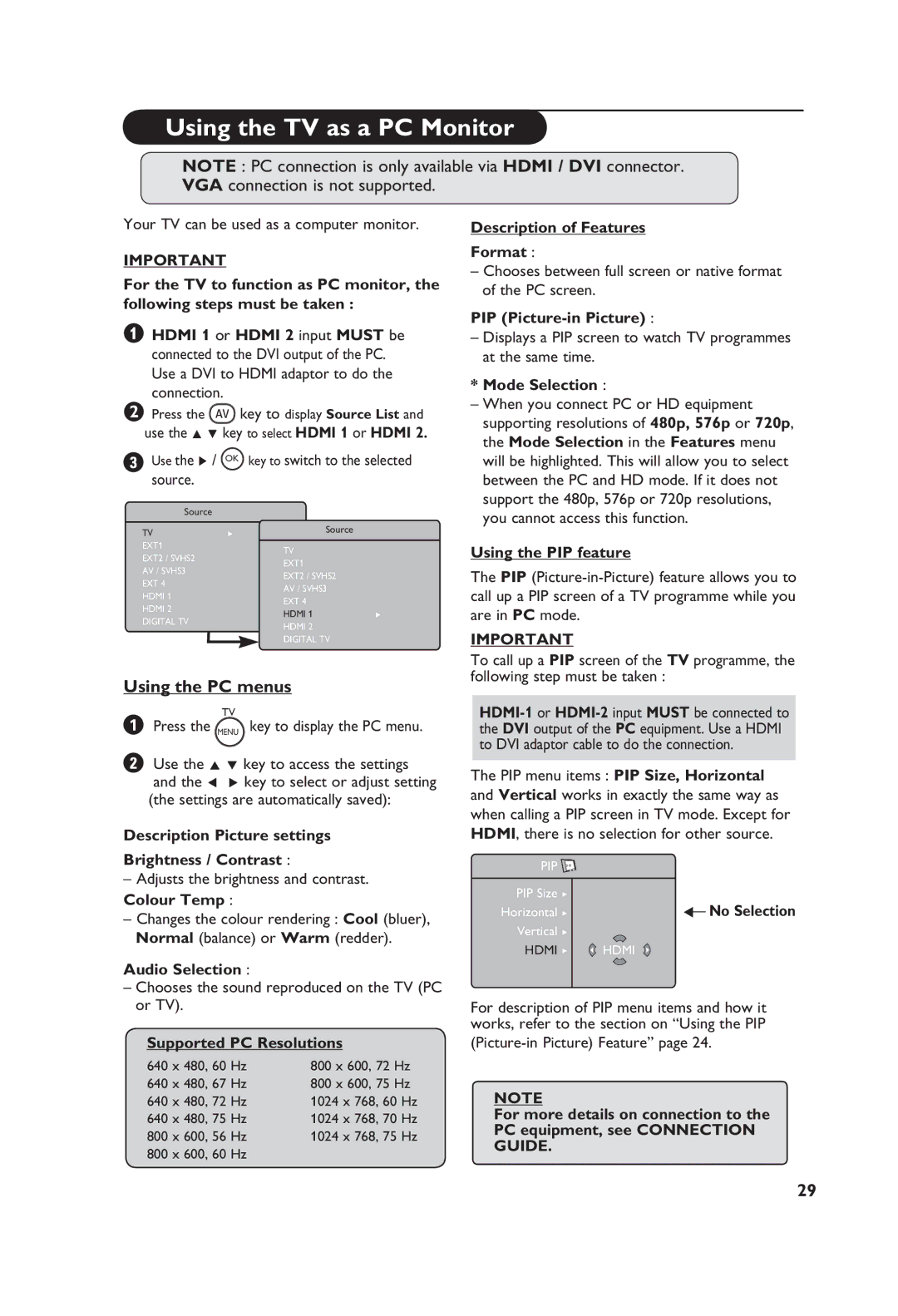 Philips 32PF5521D, 42PF5521D, 37PF5521D, 26PF5521D manual Using the TV as a PC Monitor, Using the PC menus 