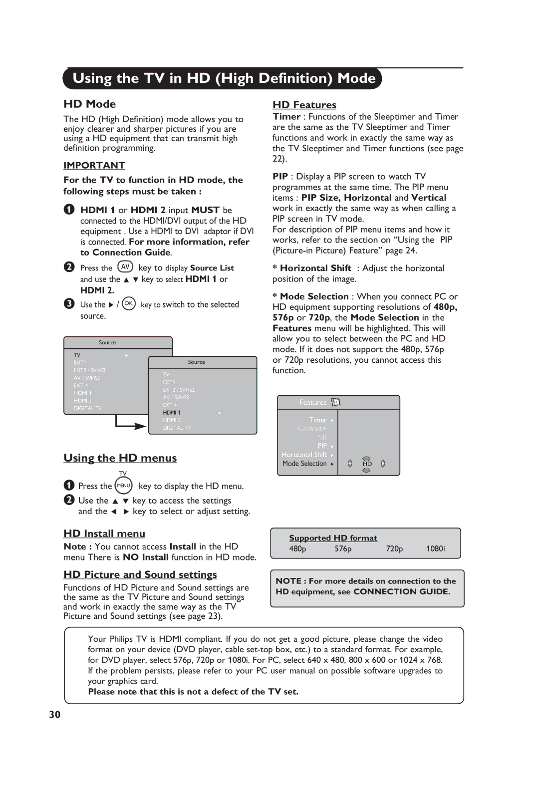 Philips 26PF5521D Using the TV in HD High Definition Mode, HD Install menu HD Picture and Sound settings, HD Features 