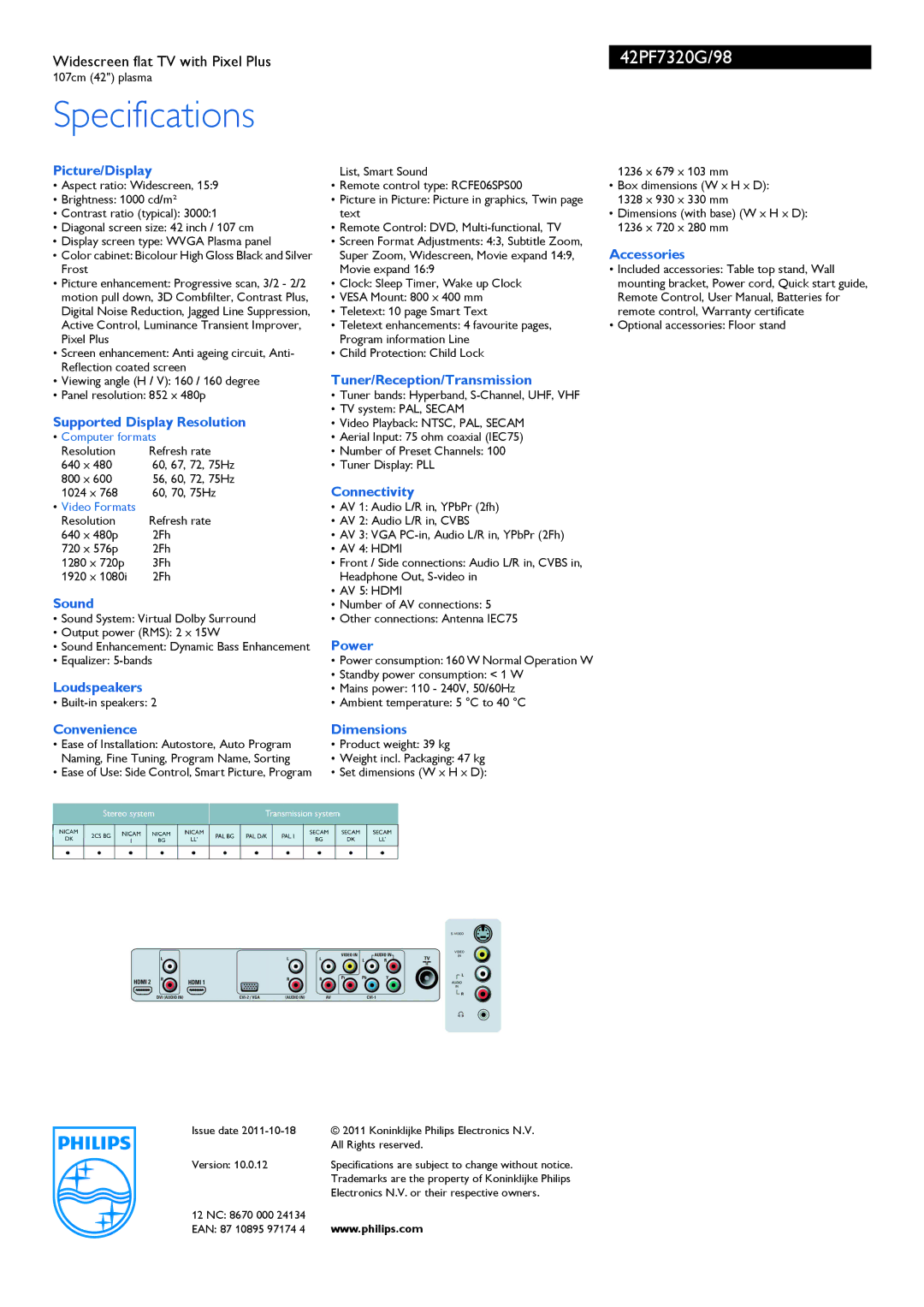 Philips 42PF7320G manual Specifications 