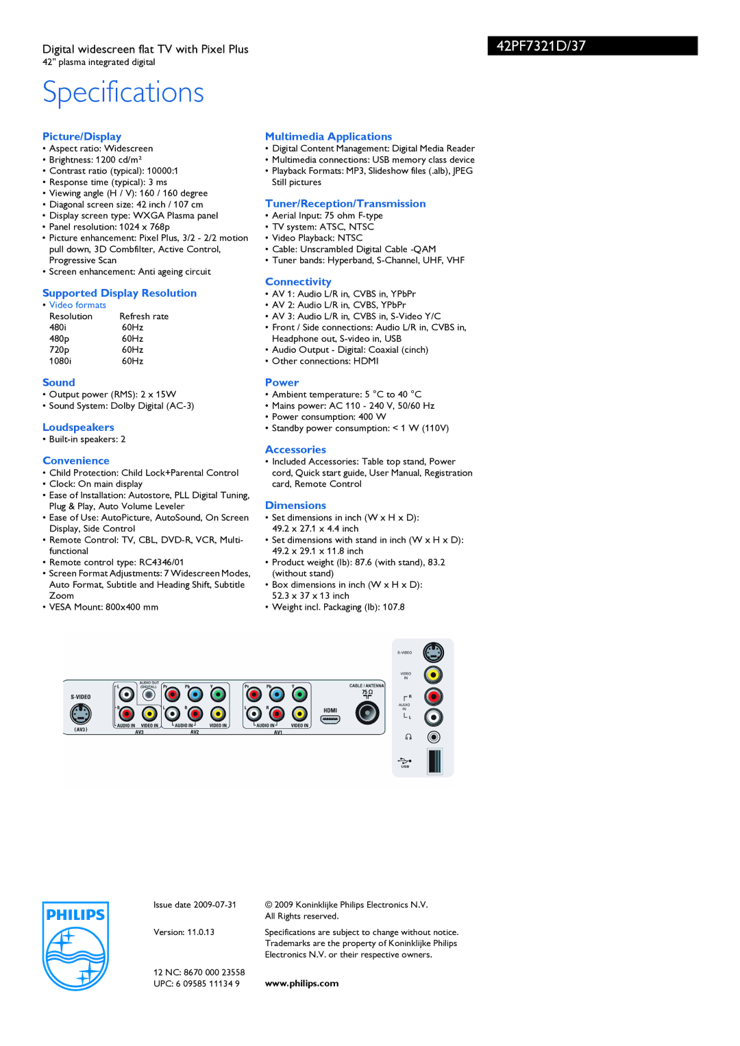 Philips 42PF7321D manual Specifications 