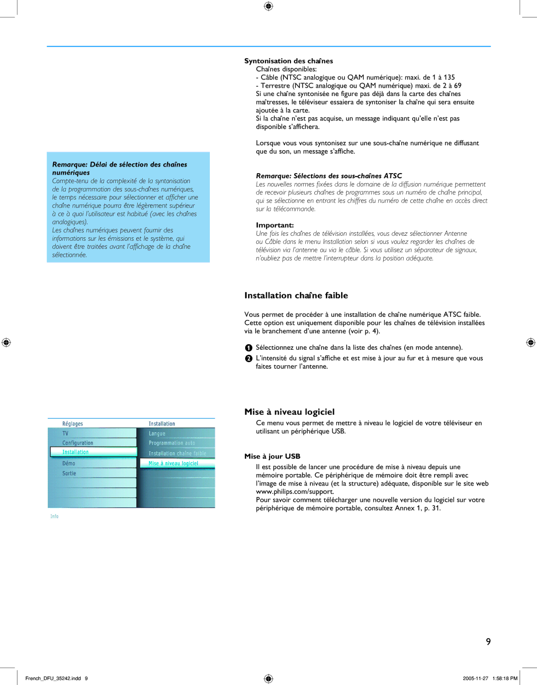 Philips 42PF7421D/37 Installation chaîne faible, Mise à niveau logiciel, Syntonisation des chaînes, Mise à jour USB 