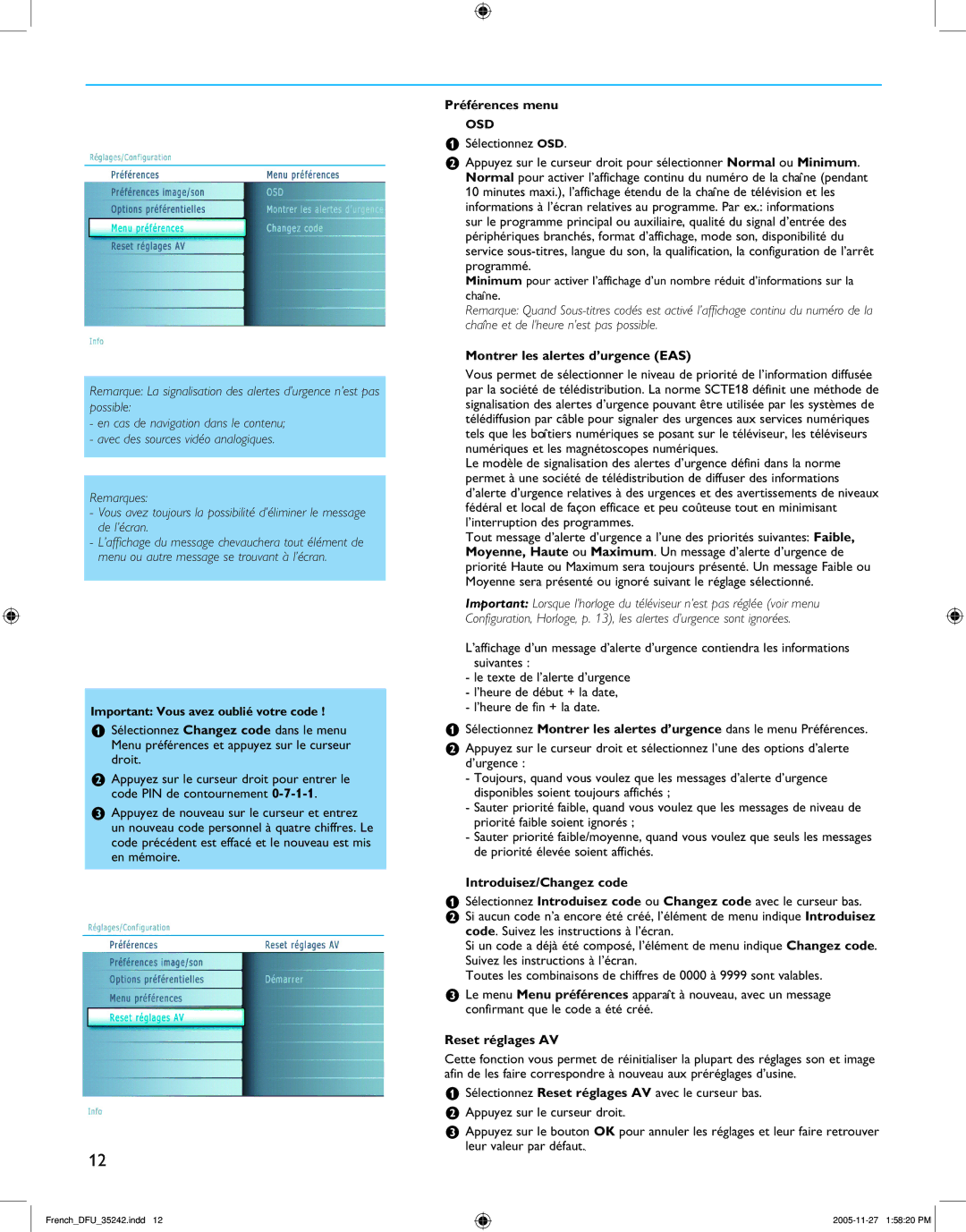 Philips 50PF7321D/37 Préférences menu, Sélectionnez OSD, Montrer les alertes d’urgence EAS, Introduisez/Changez code 