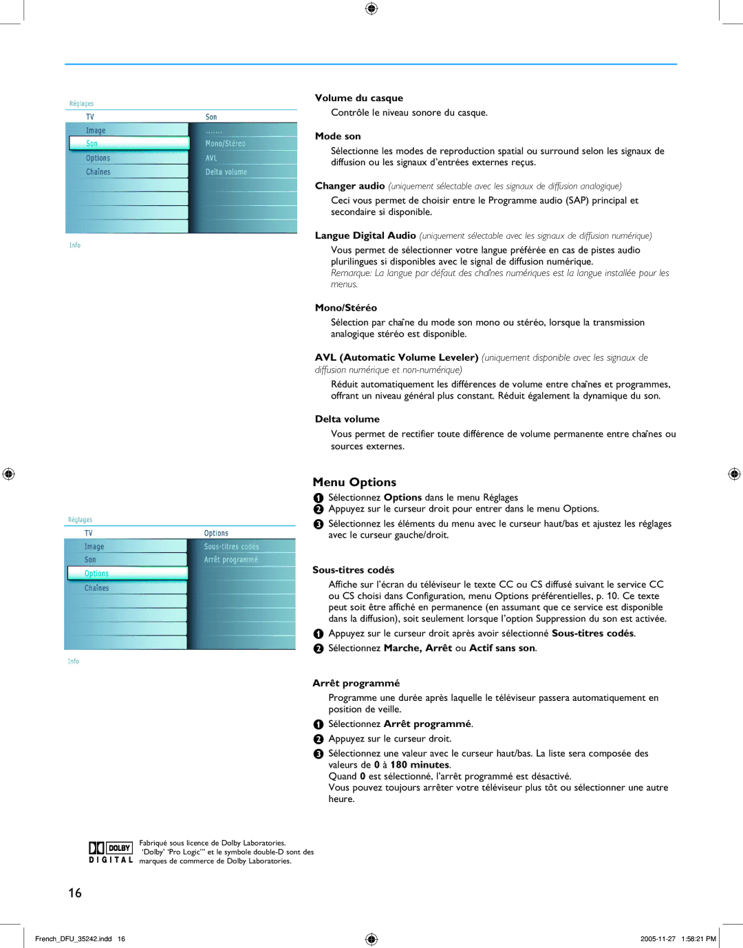 Philips 50PF7321D/37, 42PF7421D/37, 32PF5321D/37, 37PF7321D/37 manuel dutilisation Menu Options 