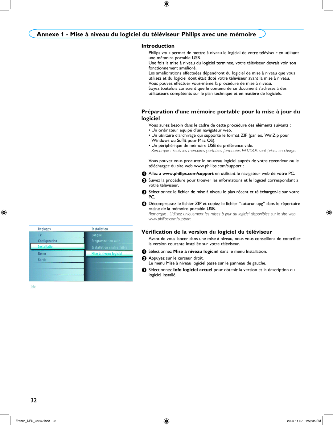 Philips 50PF7321D/37, 42PF7421D/37, 32PF5321D/37 Introduction, Vérification de la version du logiciel du téléviseur 