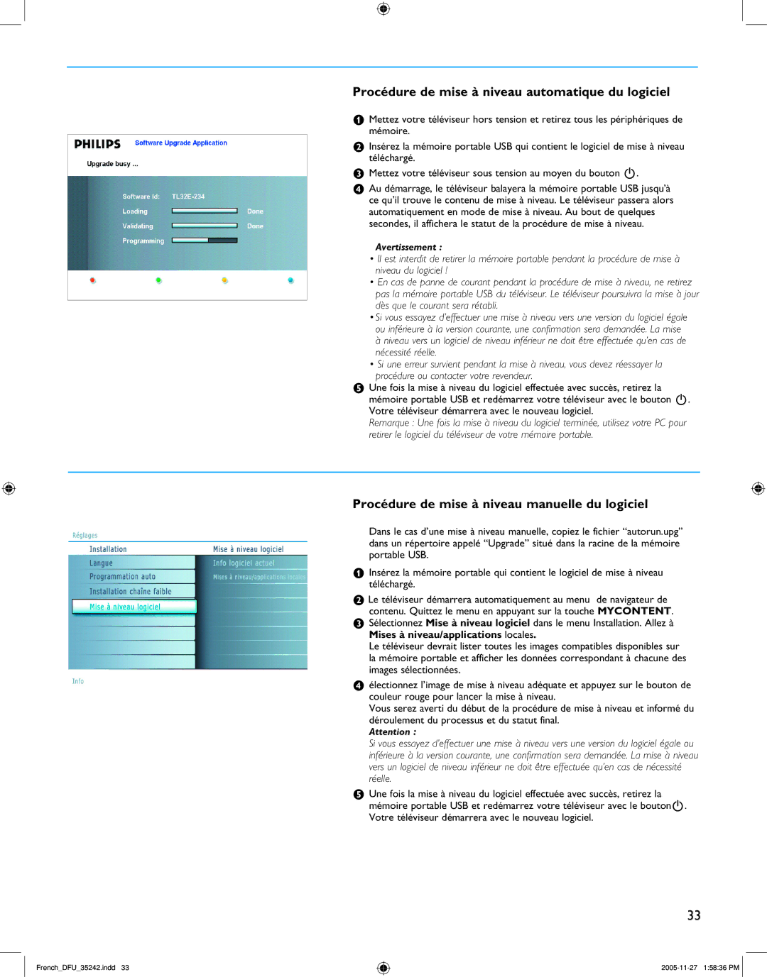 Philips 42PF7421D/37 Procédure de mise à niveau automatique du logiciel, Procédure de mise à niveau manuelle du logiciel 