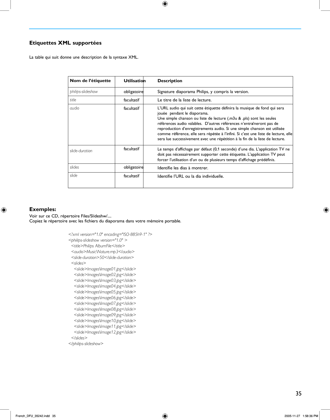 Philips 37PF7321D/37 Etiquettes XML supportées, Exemples, La table qui suit donne une description de la syntaxe XML 