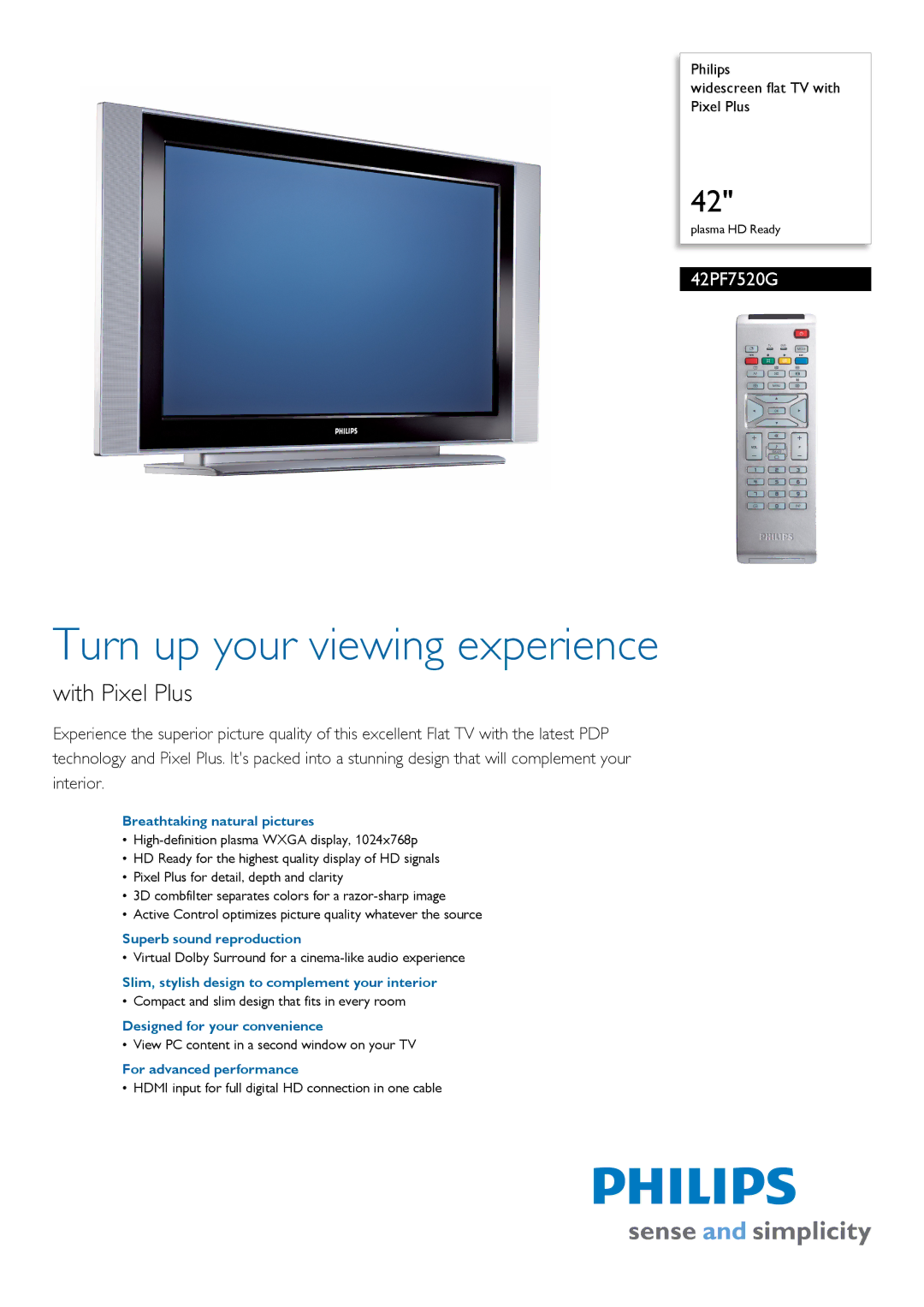 Philips 42PF7520G manual Breathtaking natural pictures, Superb sound reproduction, Designed for your convenience 
