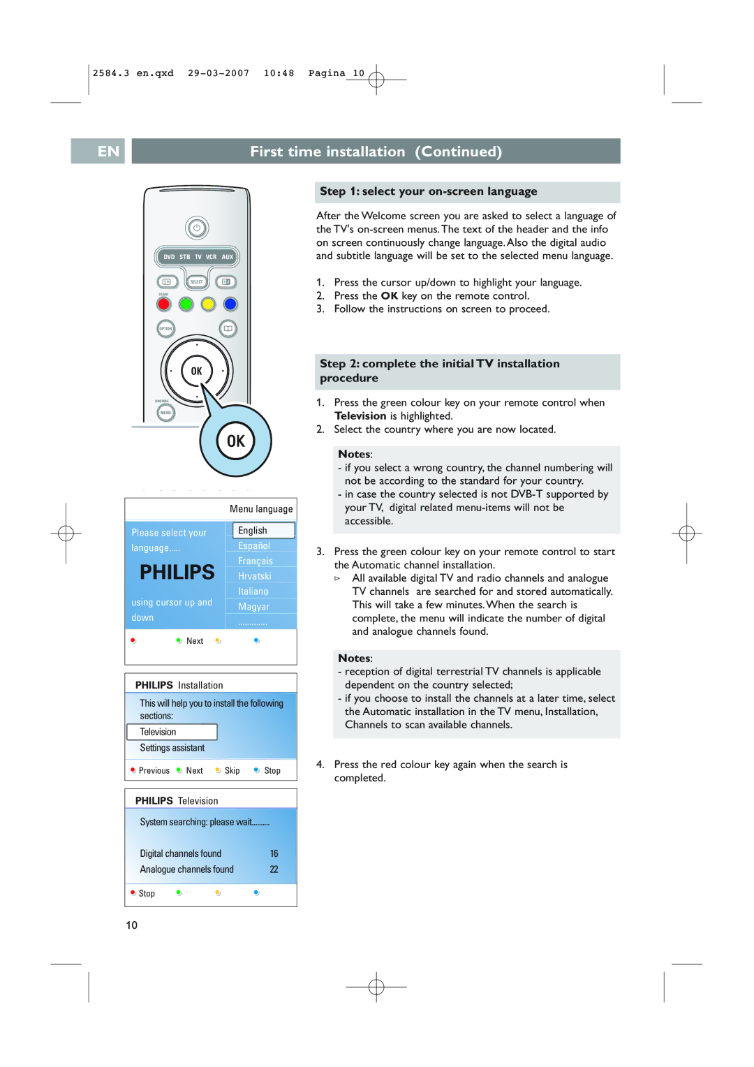 Philips 42PF7621D/10, 42PF7641D/10 Select your on-screen language, Complete the initial TV installation procedure 