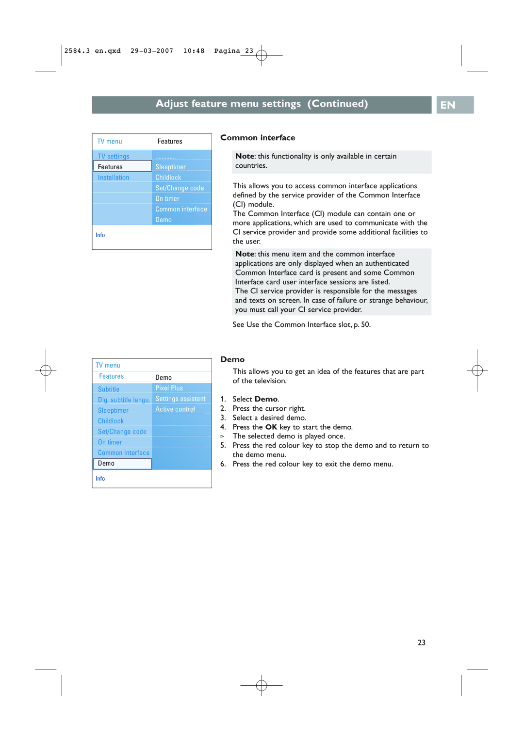 Philips 42PF7641D/10, 42PF7621D/10 user manual Common interface, Demo, See Use the Common Interface slot, p 