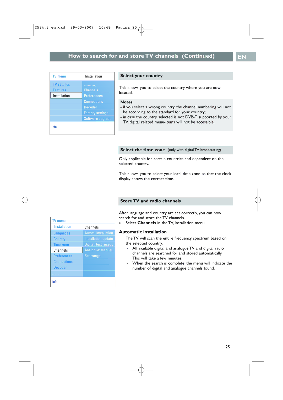 Philips 42PF7641D/10, 42PF7621D/10 user manual Select your country, Store TV and radio channels, Automatic installation 