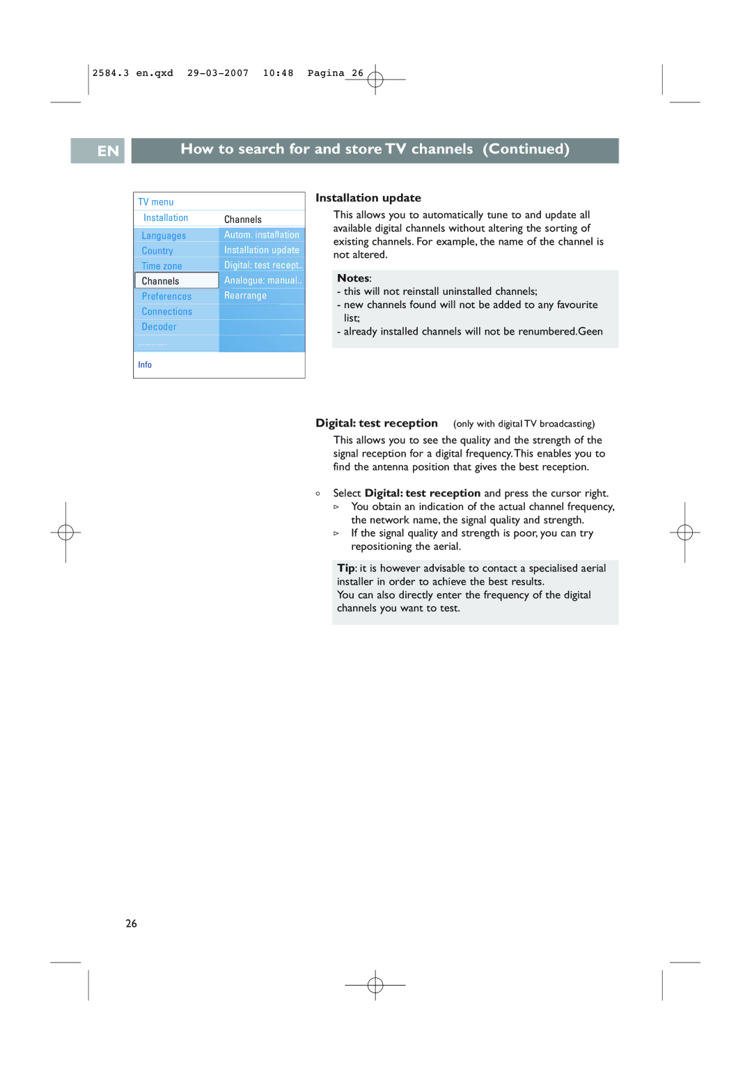 Philips 42PF7621D/10, 42PF7641D/10 user manual Installation update, Select Digital test reception and press the cursor right 