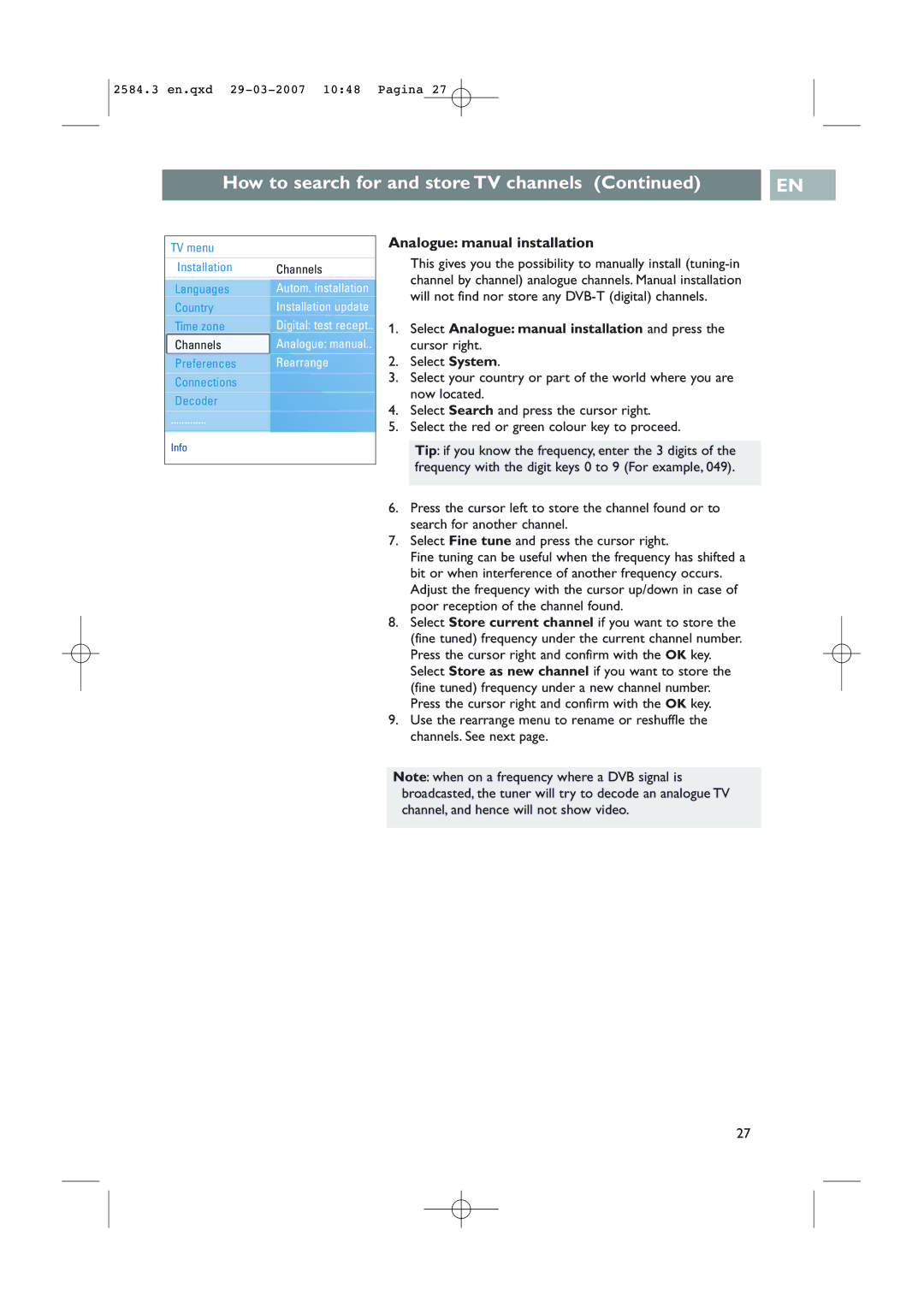 Philips 42PF7641D/10, 42PF7621D/10 user manual Analogue manual installation 