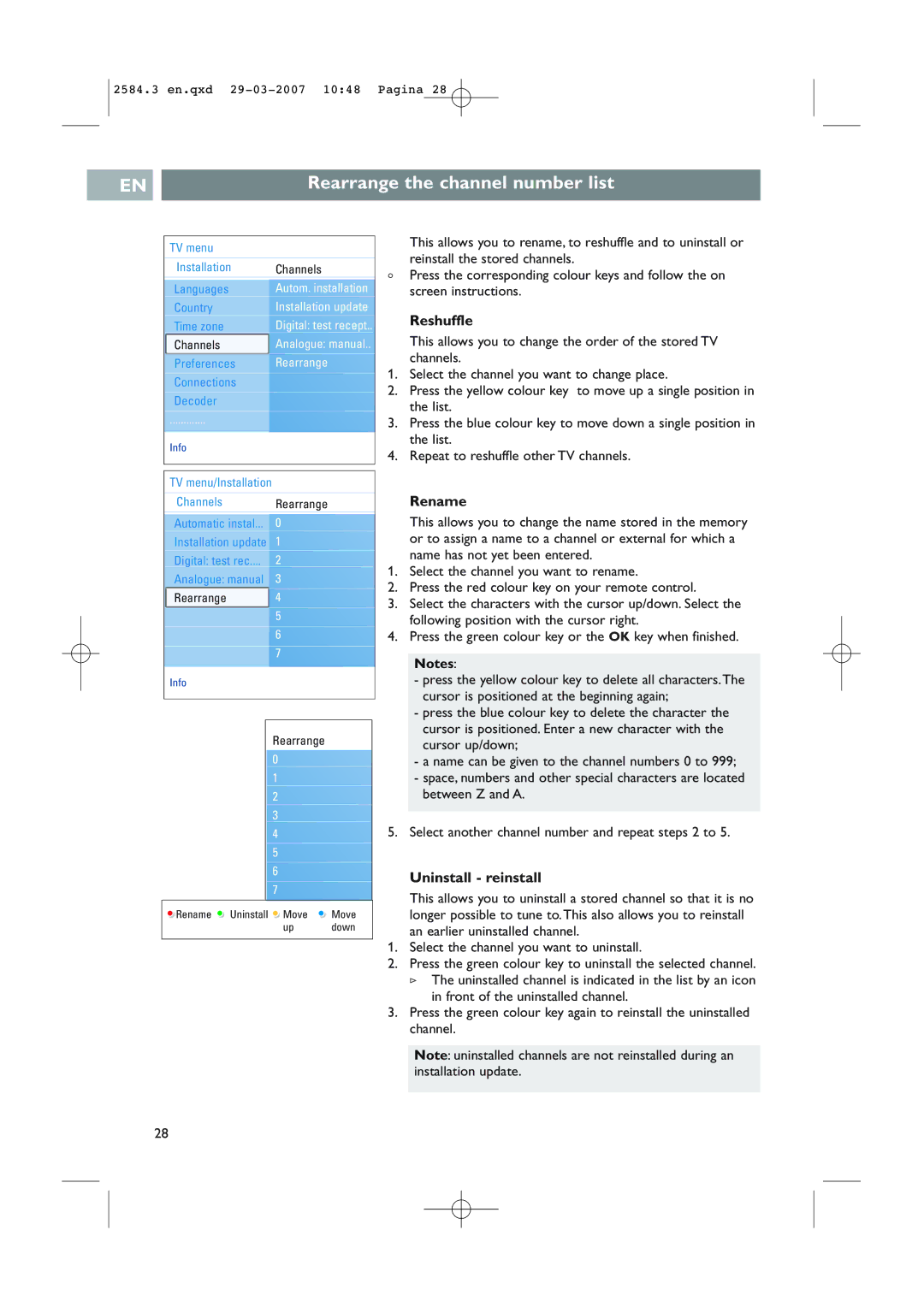 Philips 42PF7621D/10, 42PF7641D/10 user manual Rearrange the channel number list, Reshuffle, Rename, Uninstall reinstall 