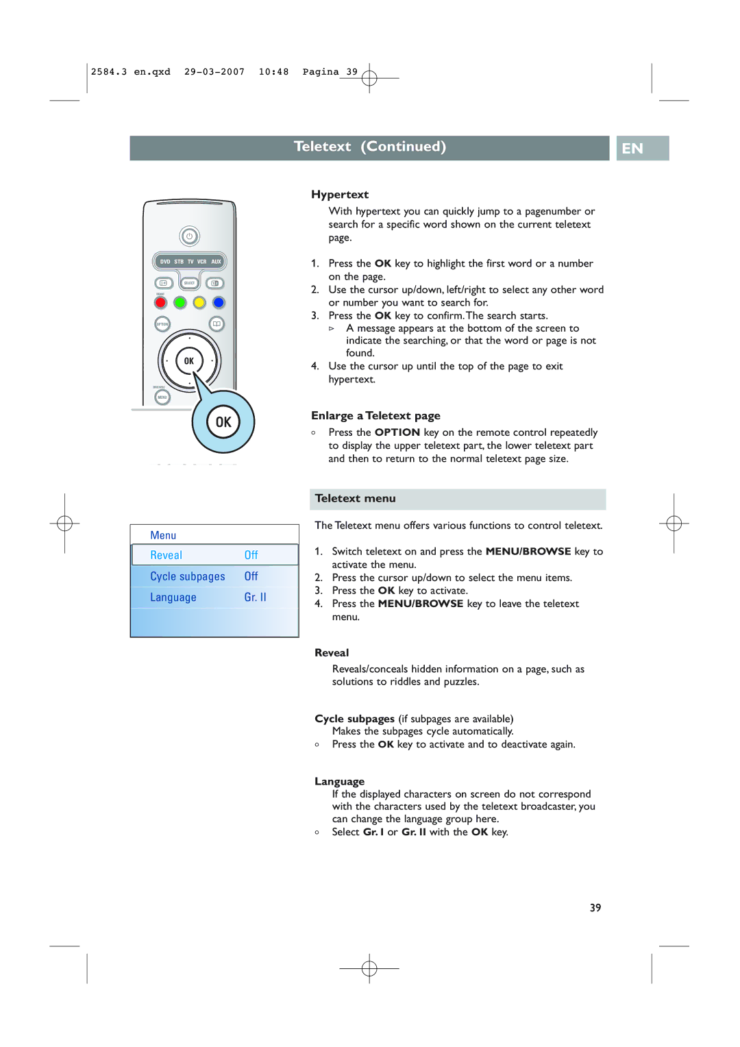 Philips 42PF7641D/10, 42PF7621D/10 user manual Hypertext, Enlarge a Teletext, Teletext menu, Reveal, Language 