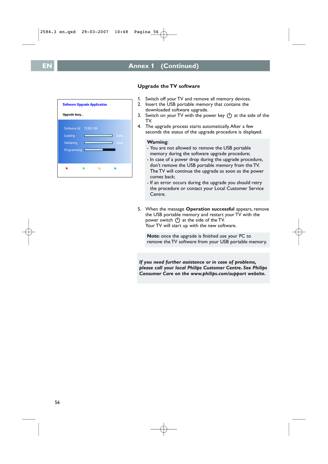 Philips 42PF7621D/10, 42PF7641D/10 user manual Annex, Upgrade the TV software 