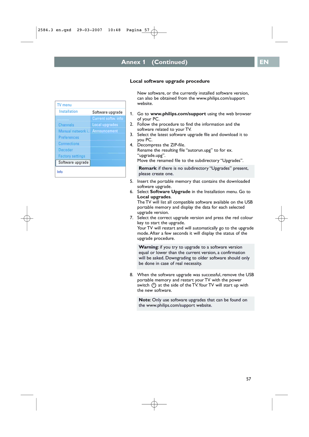 Philips 42PF7641D/10, 42PF7621D/10 user manual Local software upgrade procedure 