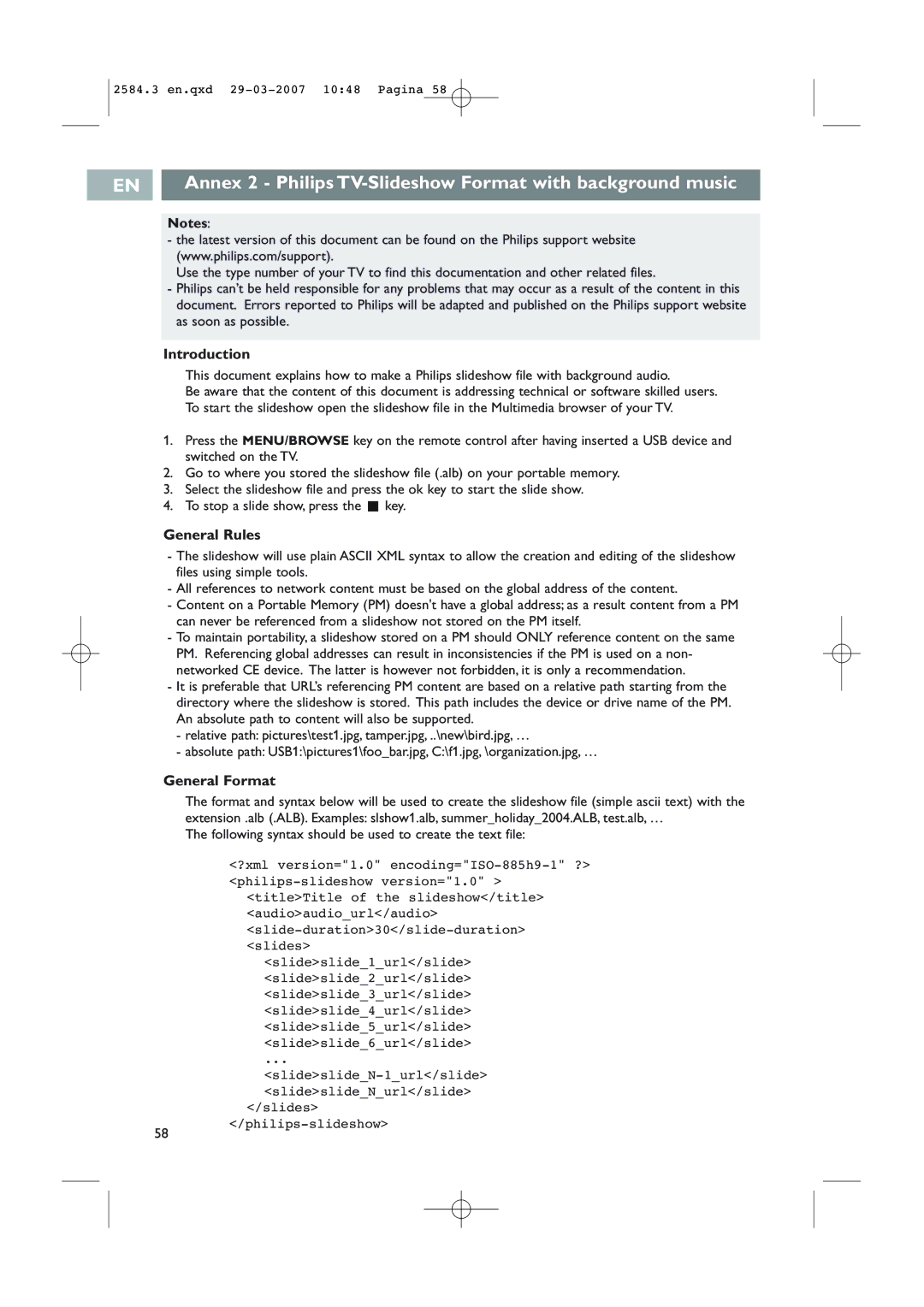 Philips 42PF7621D/10 user manual Annex 2 Philips TV-Slideshow Format with background music, General Rules, General Format 