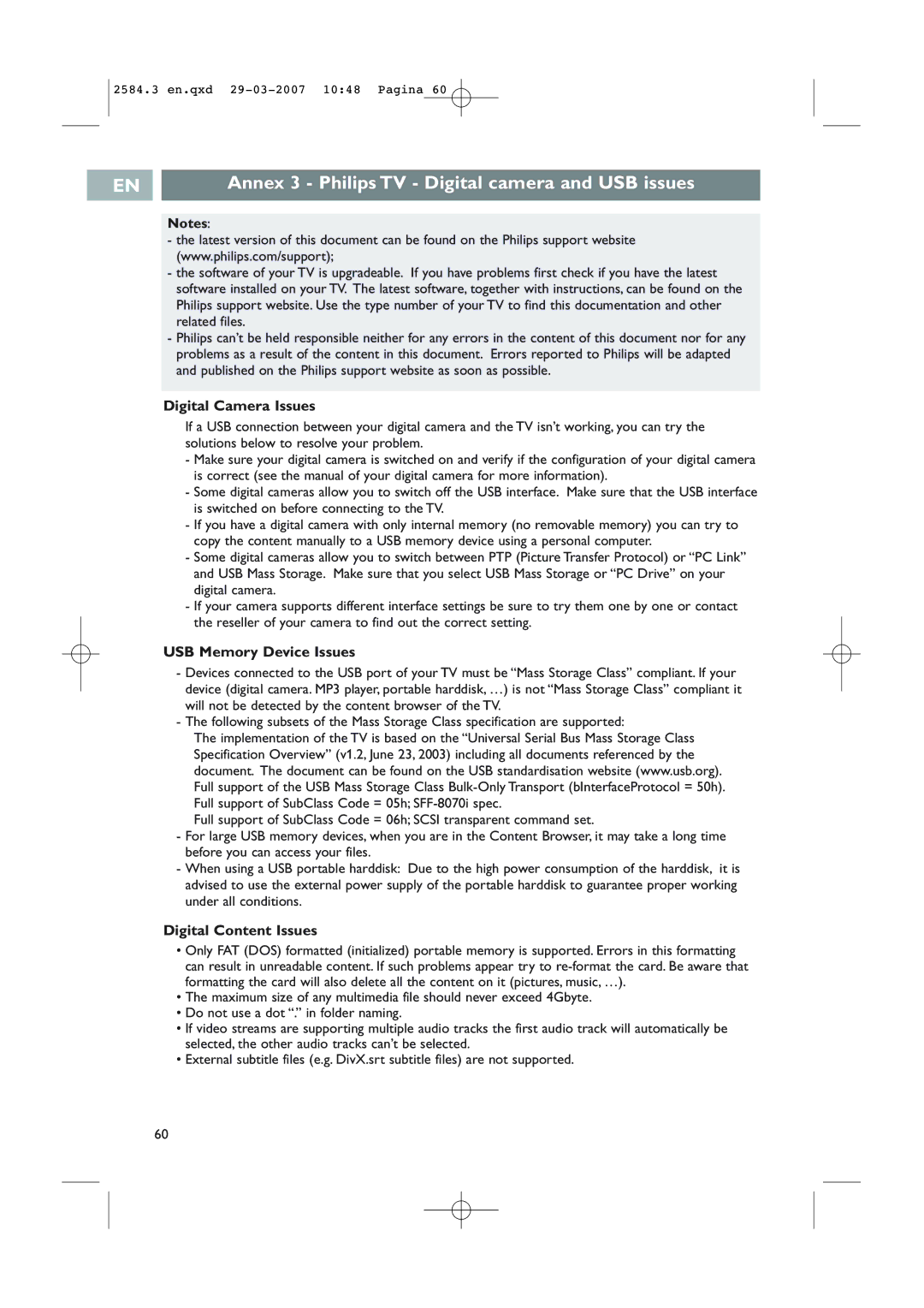 Philips 42PF7621D/10 Annex 3 Philips TV Digital camera and USB issues, Digital Camera Issues, USB Memory Device Issues 