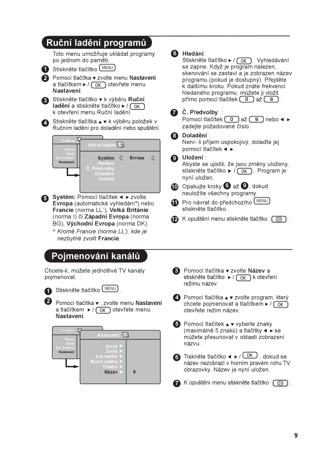 Philips 37PF7xxx, 42PF7xxx, 32PF7xxx, 26PF7xxx, 50PF7xxx manual Ruční ladění programů, Pojmenování kanálů 