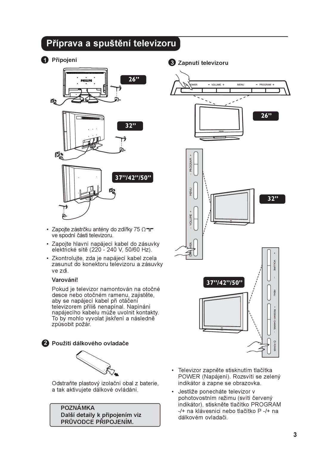 Philips 26PF7xxx Příprava a spuštění televizoru, Varování, Použití dálkového ovladače, Další detaily k připojením viz 