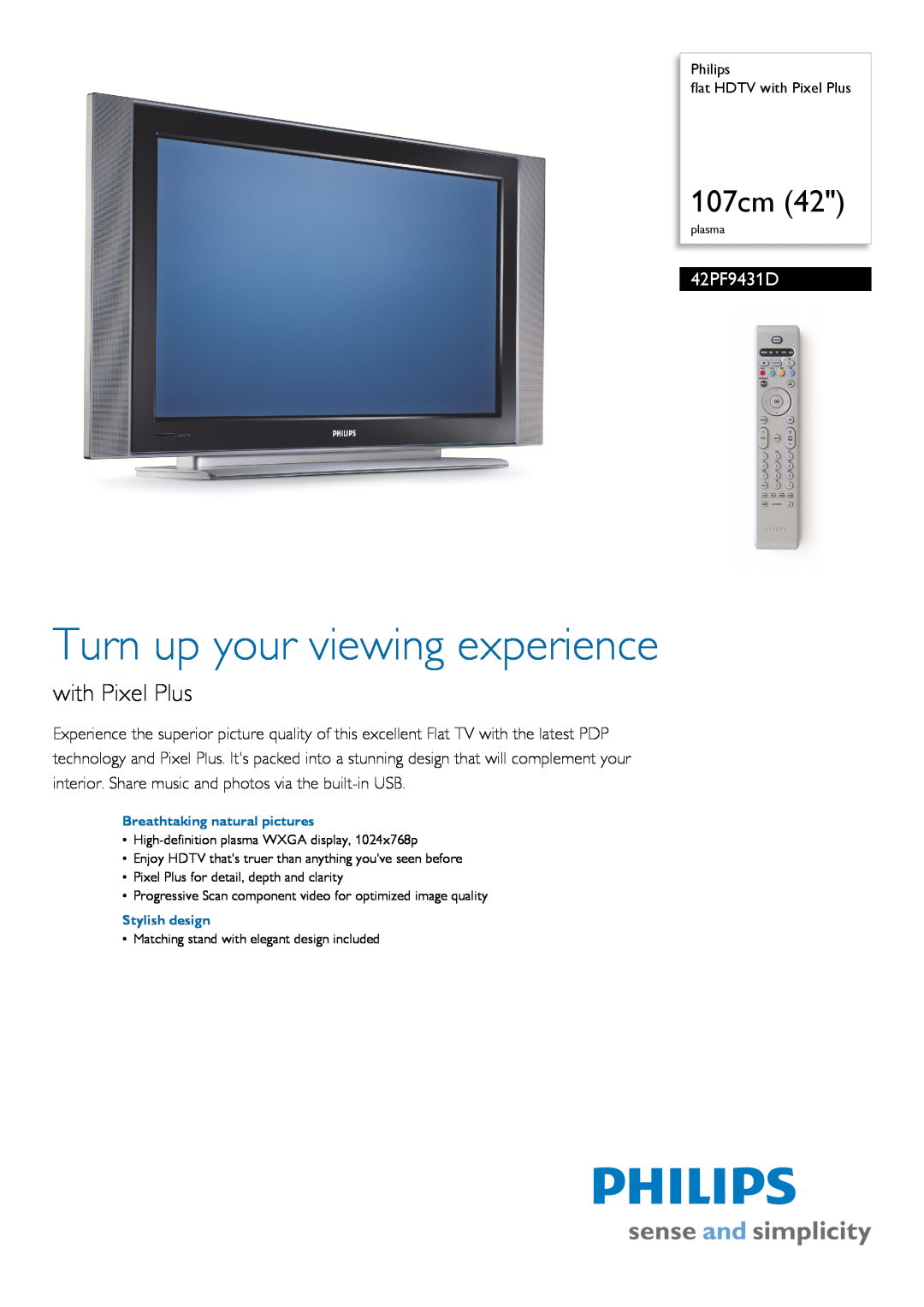 Philips 42PF9431D manual Turn up your viewing experience, 107cm, with Pixel Plus 
