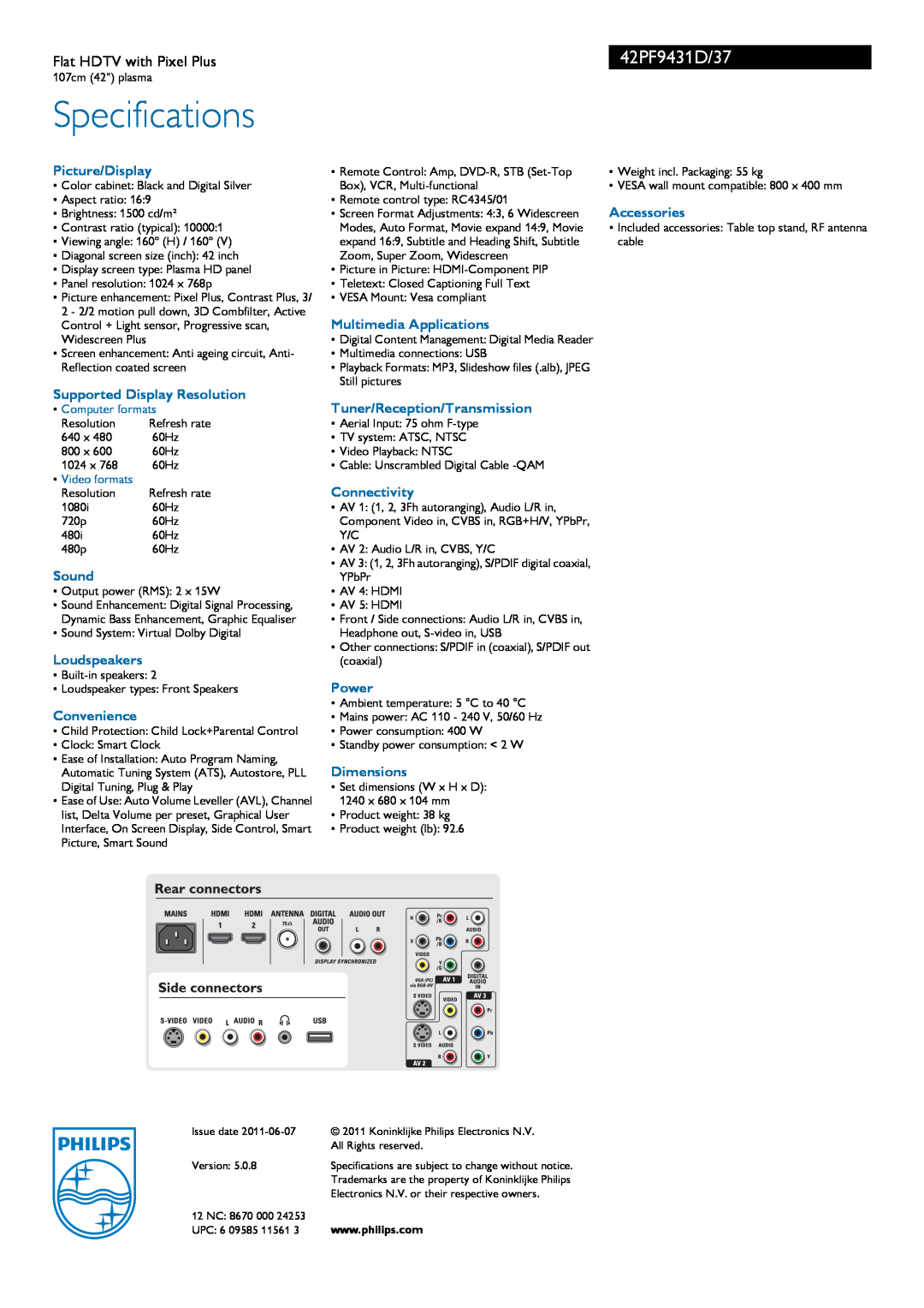 Philips manual Specifications, 42PF9431D/37, Flat HDTV with Pixel Plus 