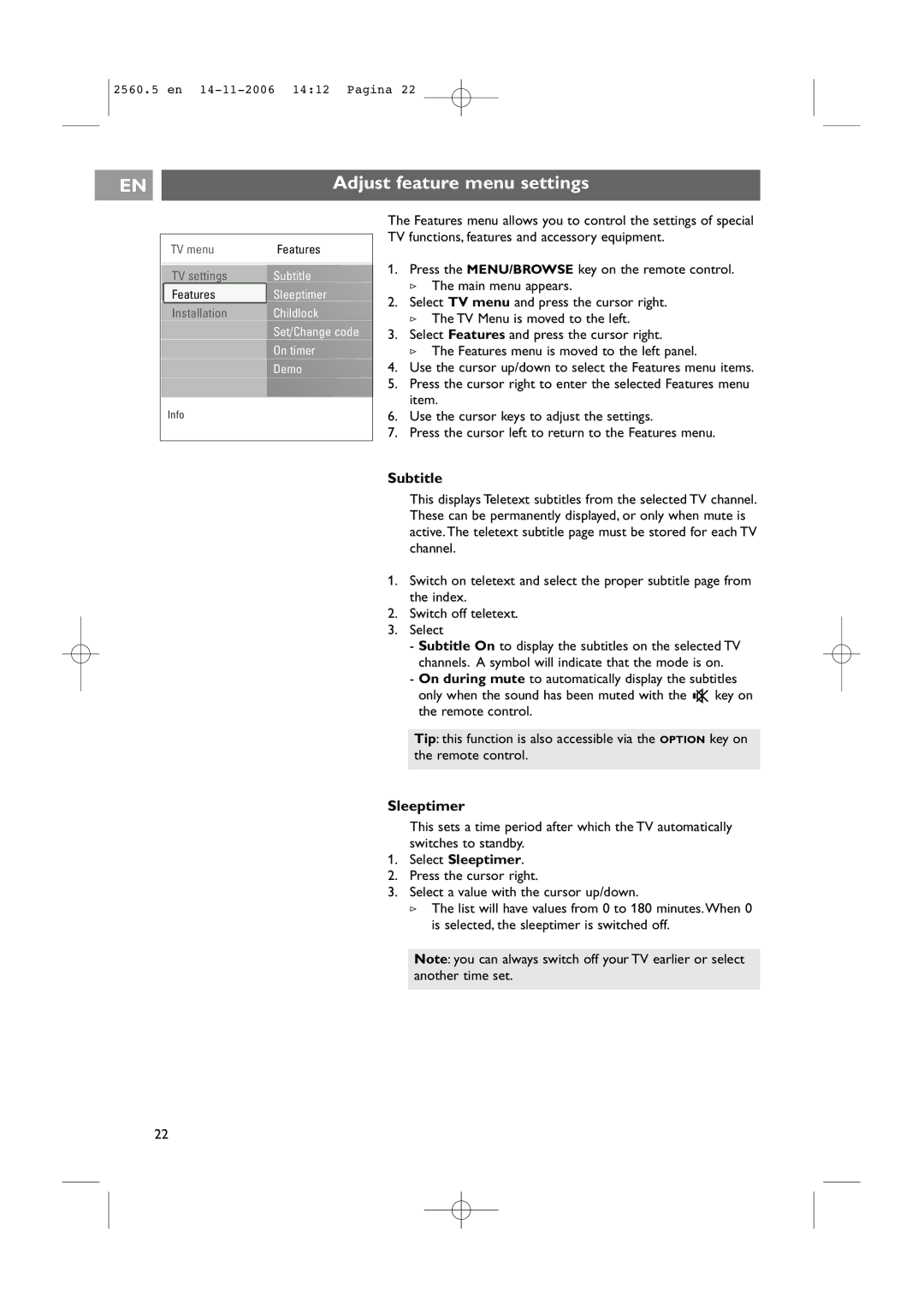 Philips 42PF9541/93, 32-37-42PF9531/93 user manual Adjust feature menu settings, Subtitle, Select Sleeptimer 