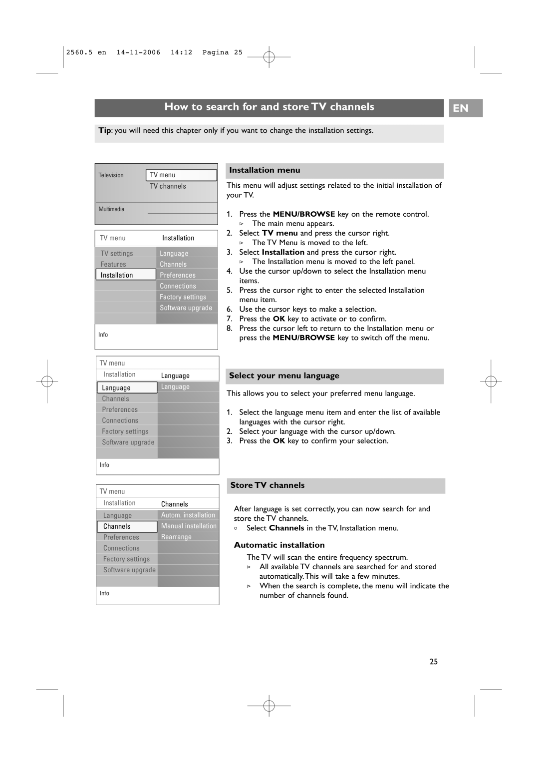 Philips 32-37-42PF9531/93 user manual How to search for and store TV channels, Installation menu, Select your menu language 