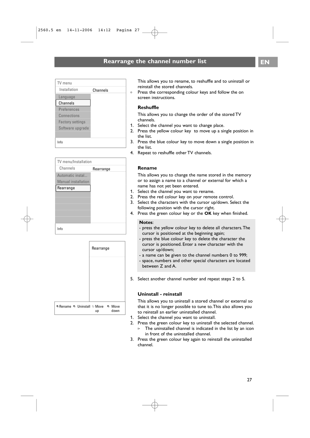 Philips 32-37-42PF9531/93, 42PF9541/93 user manual Rearrange the channel number list, Reshuffle, Rename, Uninstall reinstall 